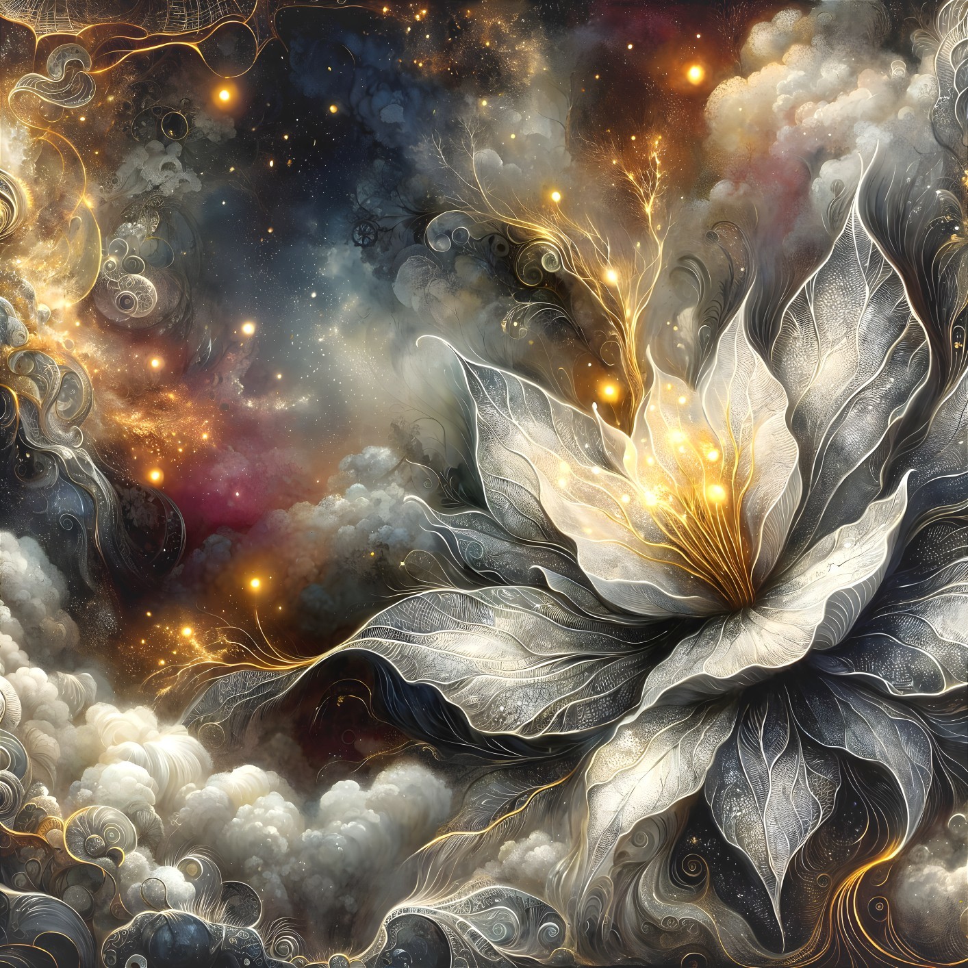 Ethereal Flower Against Cosmic Background with Lights