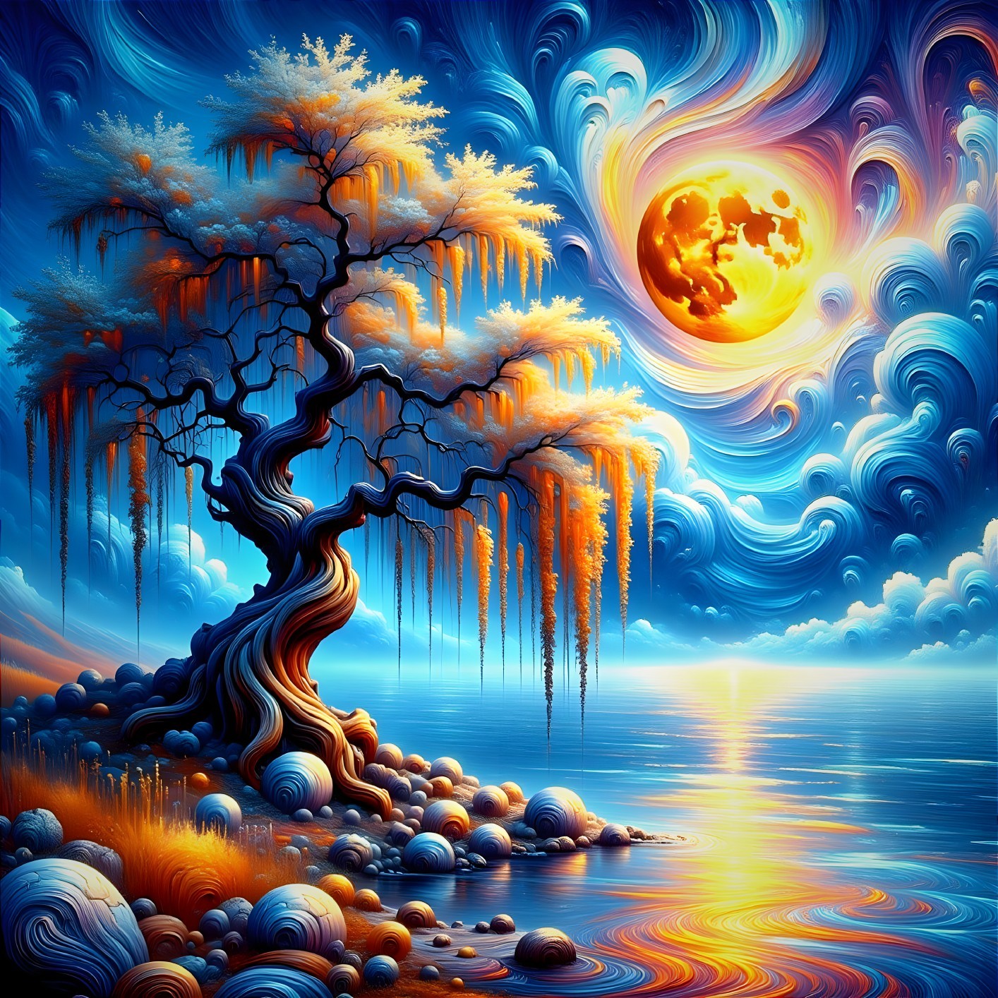 Twisted Tree with Orange Foliage and Golden Moon