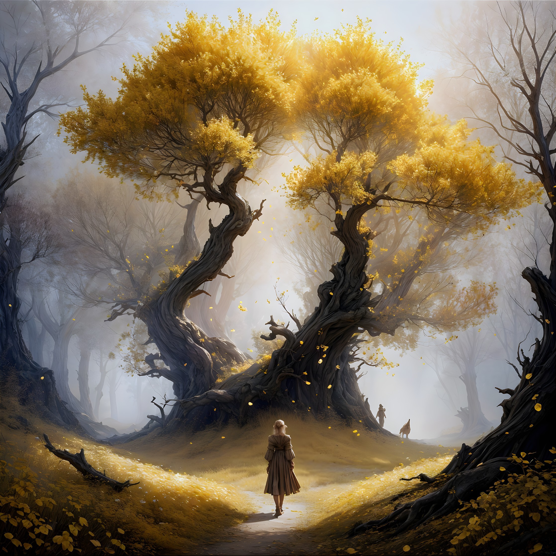 Serene Forest Scene with Golden Leaves and Deer