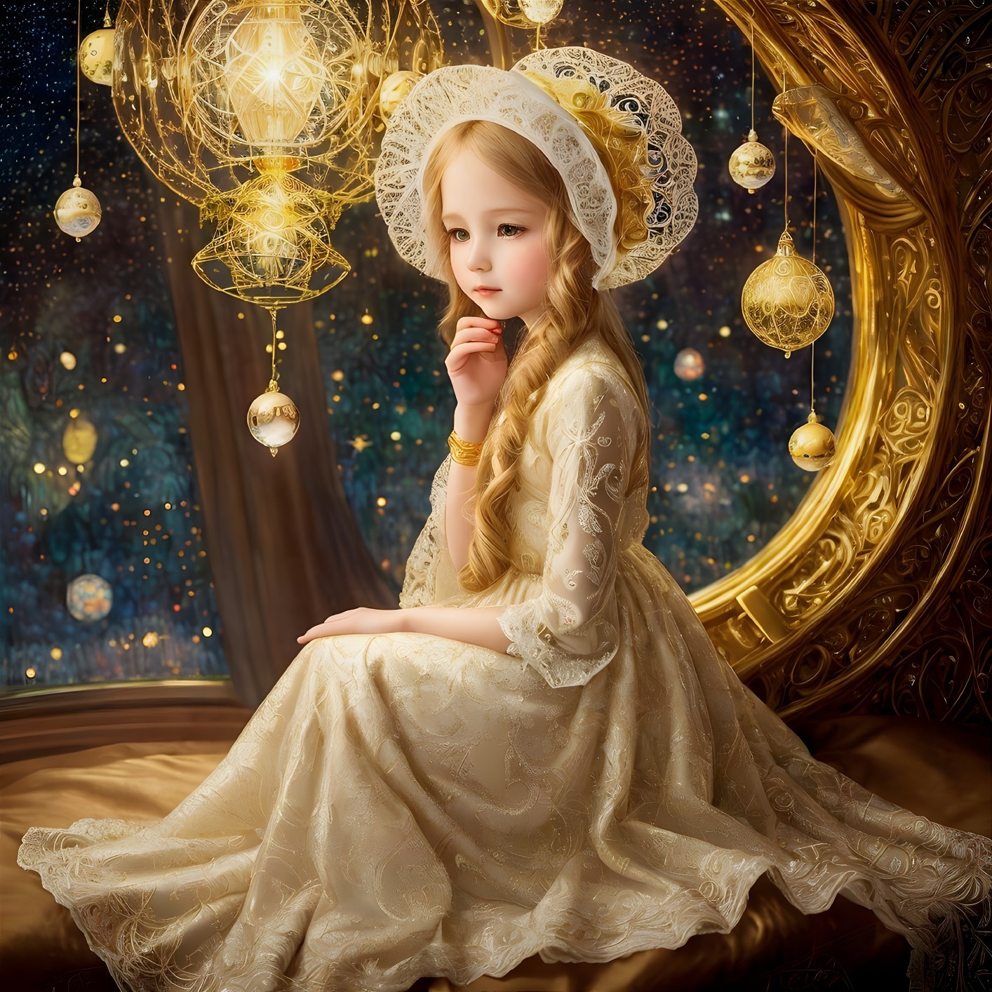 Young girl in lace dress by ornate window at night