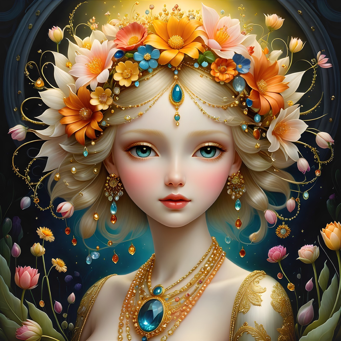 Ethereal Young Woman with Floral Crown and Jewelry