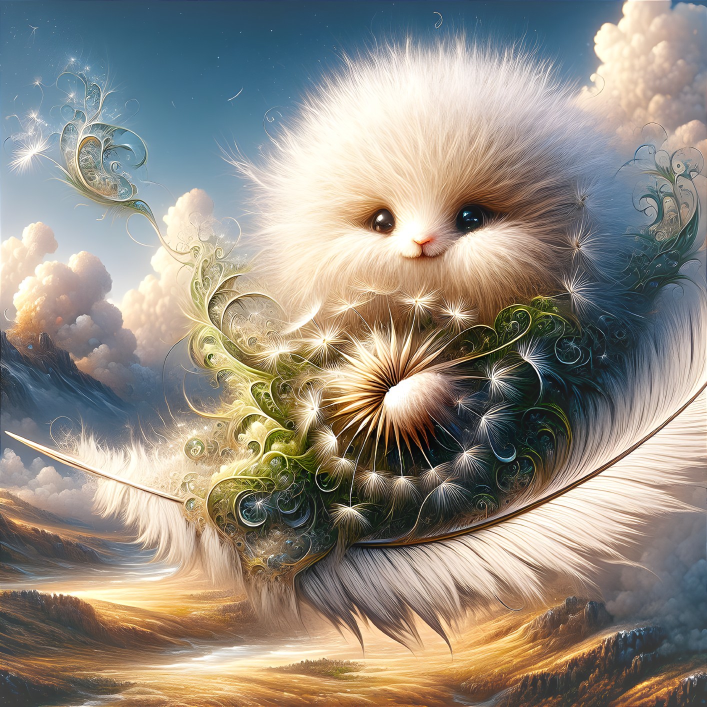Fluffy Creature in Whimsical Greenery and Clouds