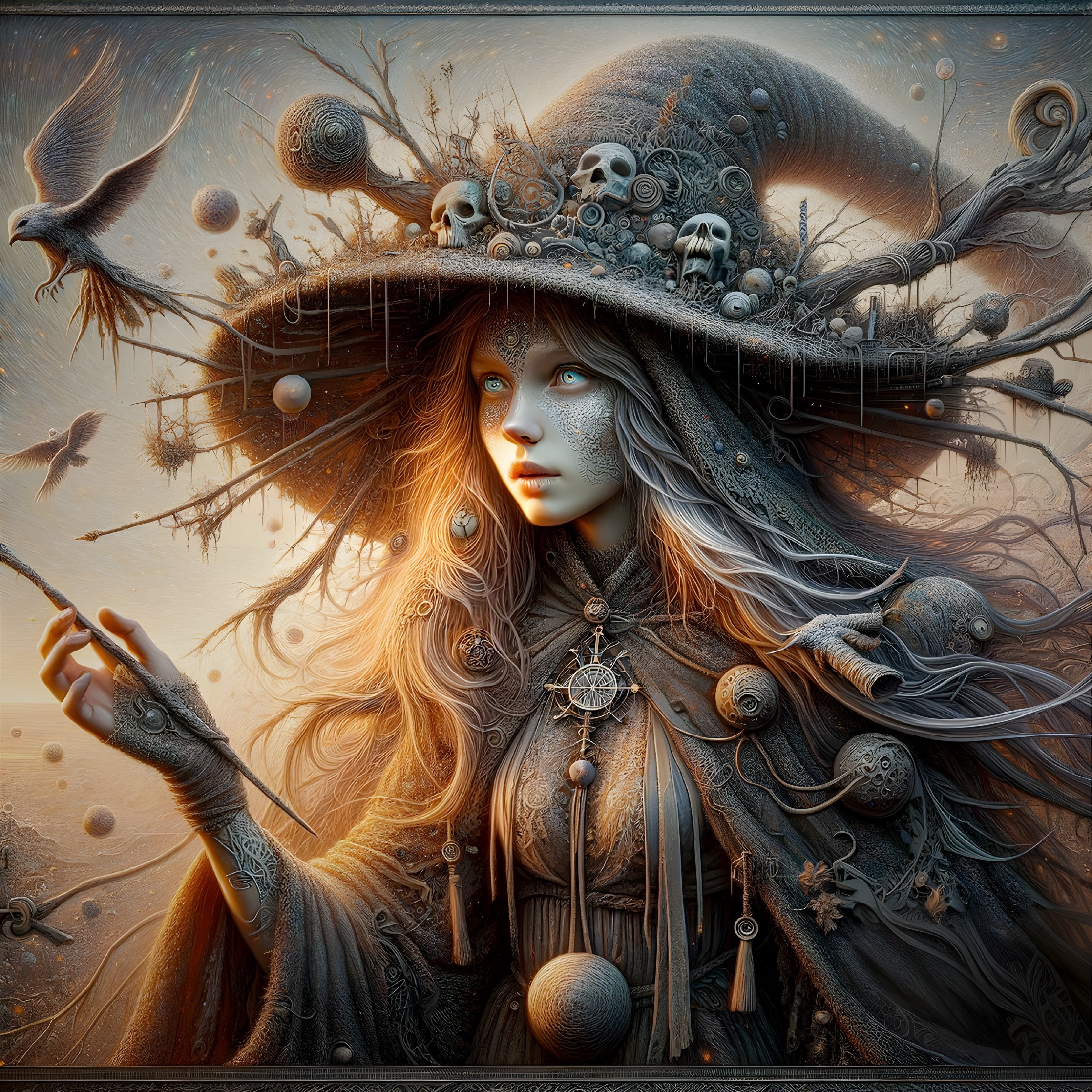 Mystical Witch in Ornate Hat with Magical Elements