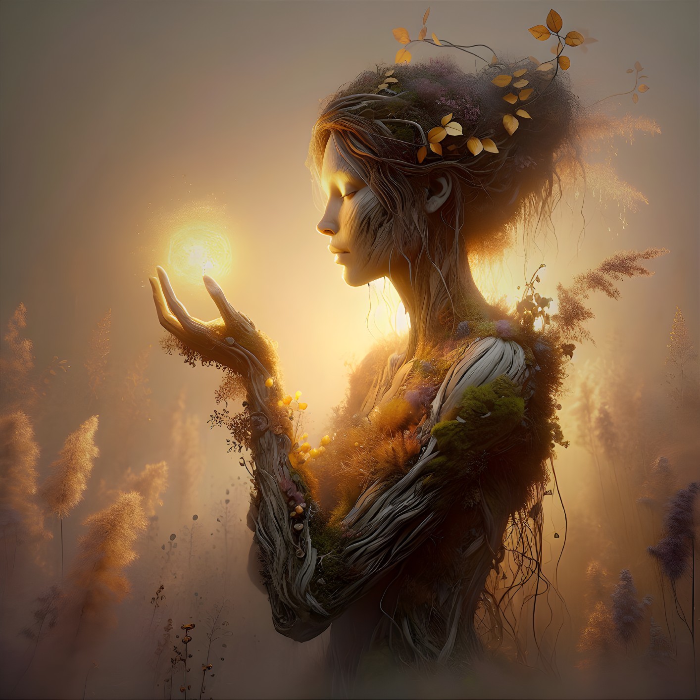 Serene figure cradling radiant orb in golden glow