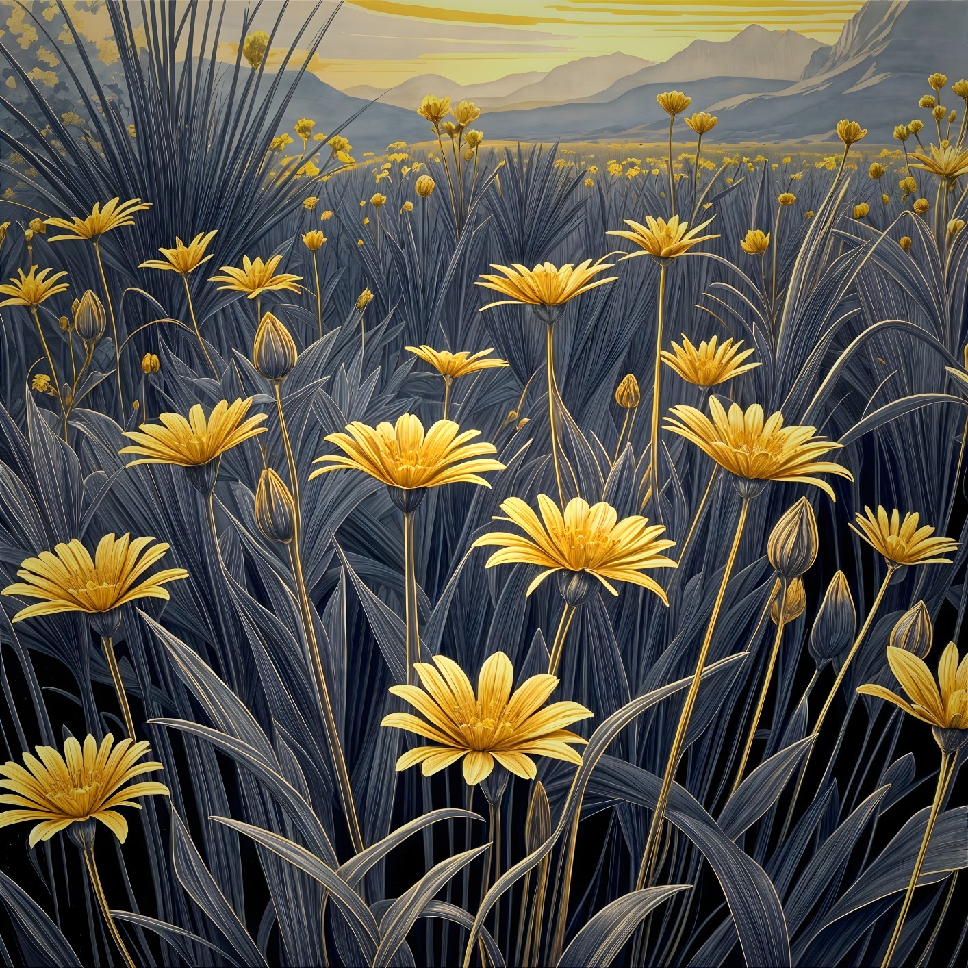 Vibrant Yellow Flowers in Lush Green Landscape