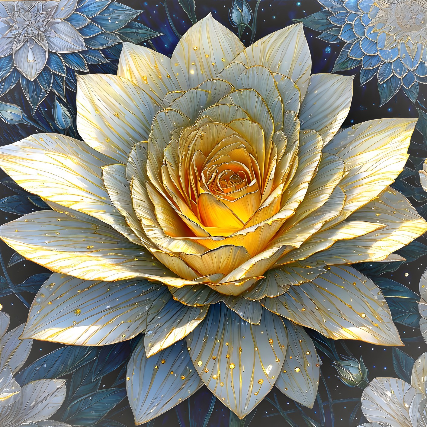 Intricate Blue and Gold Lotus Flower on Starry Background