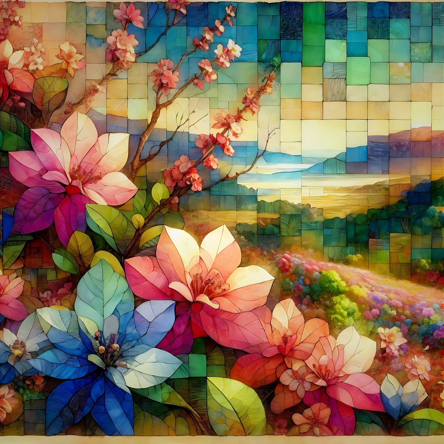 Vibrant Landscape with Blooming Flowers and River