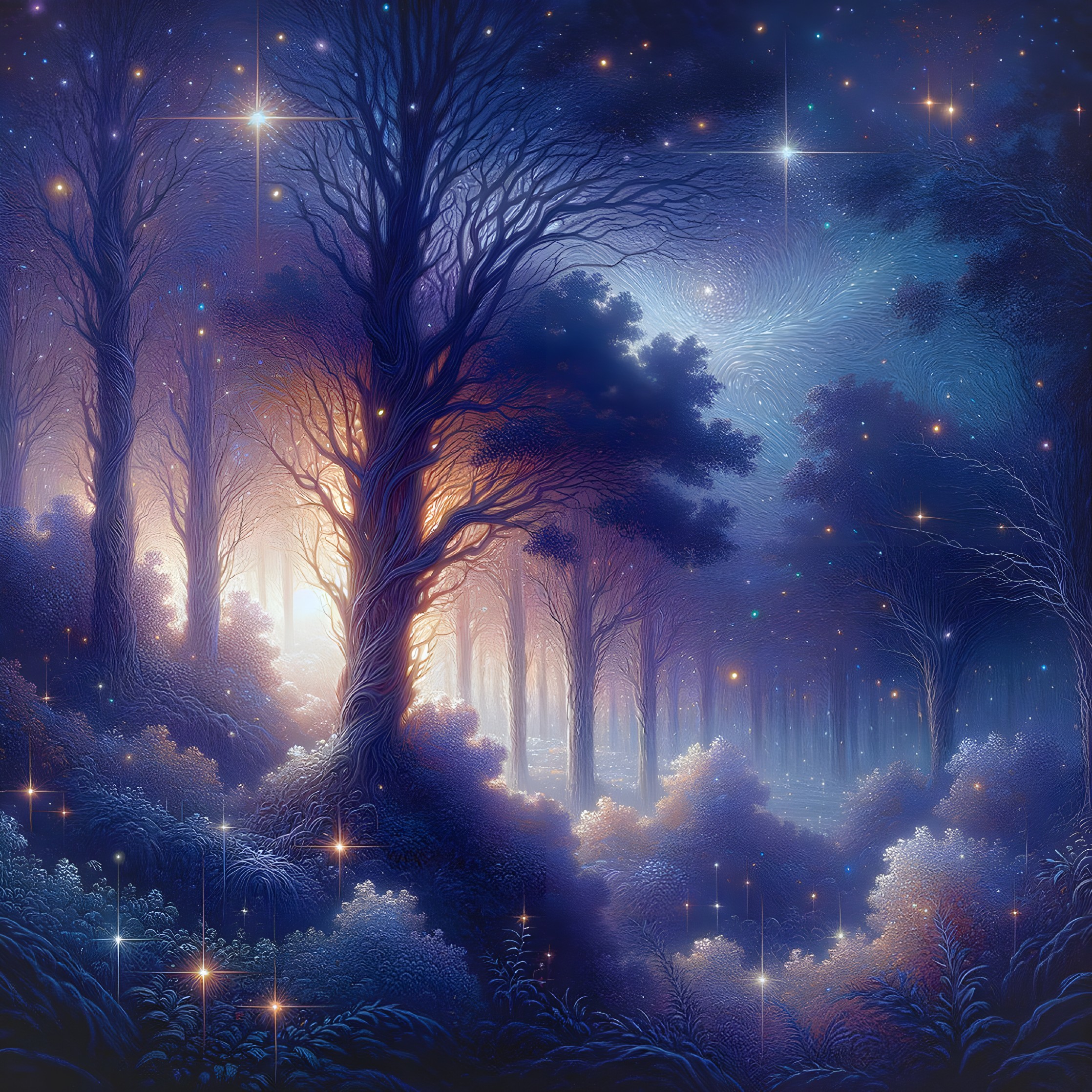 Twilight Forest with Silhouetted Trees and Stars
