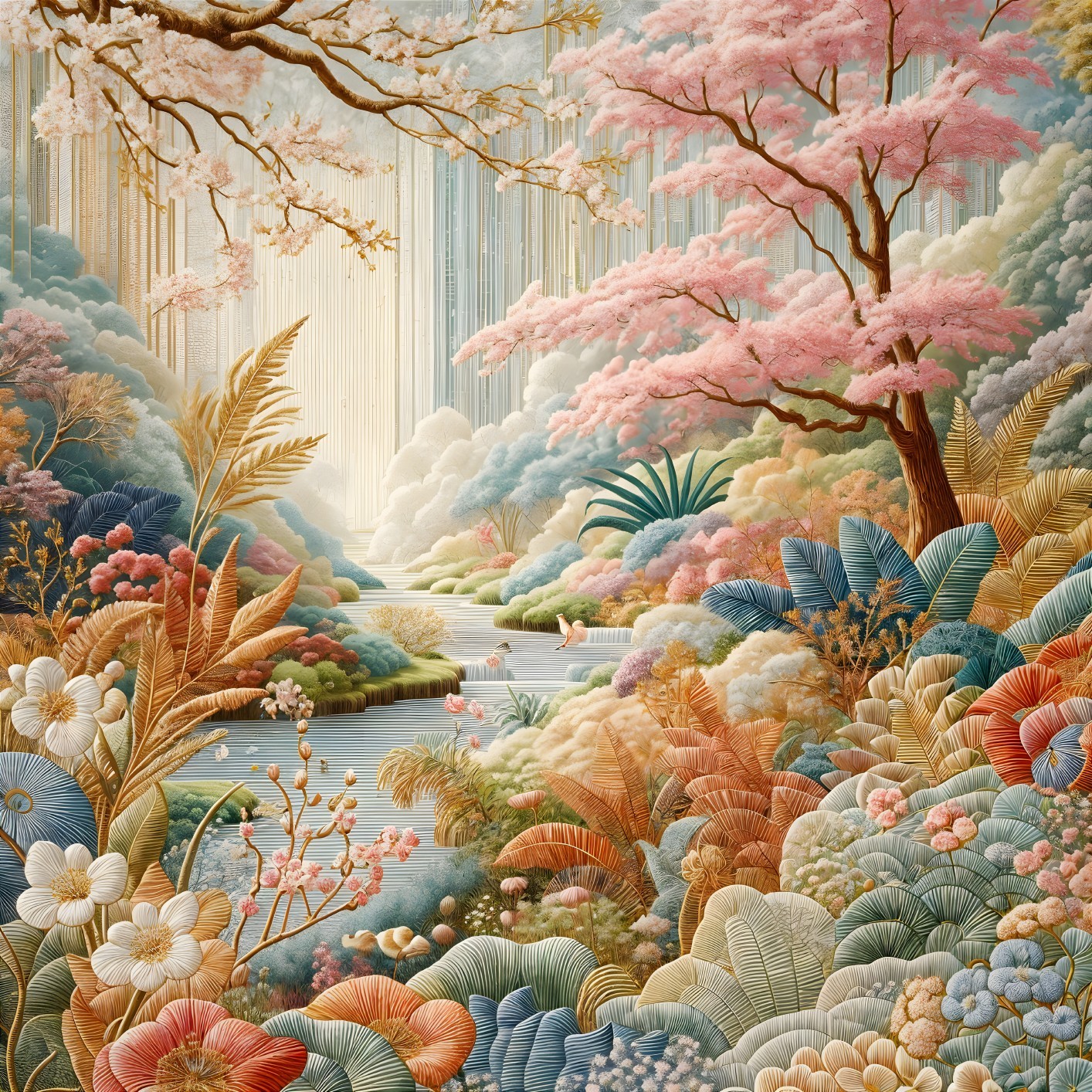 Vibrant Landscape with Cherry Blossoms and Stream