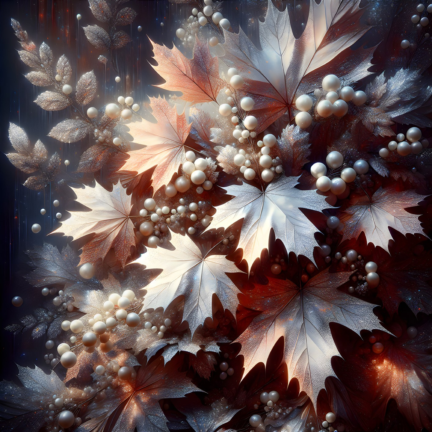 Autumn Leaves with Pearls and Dark Gradient Background