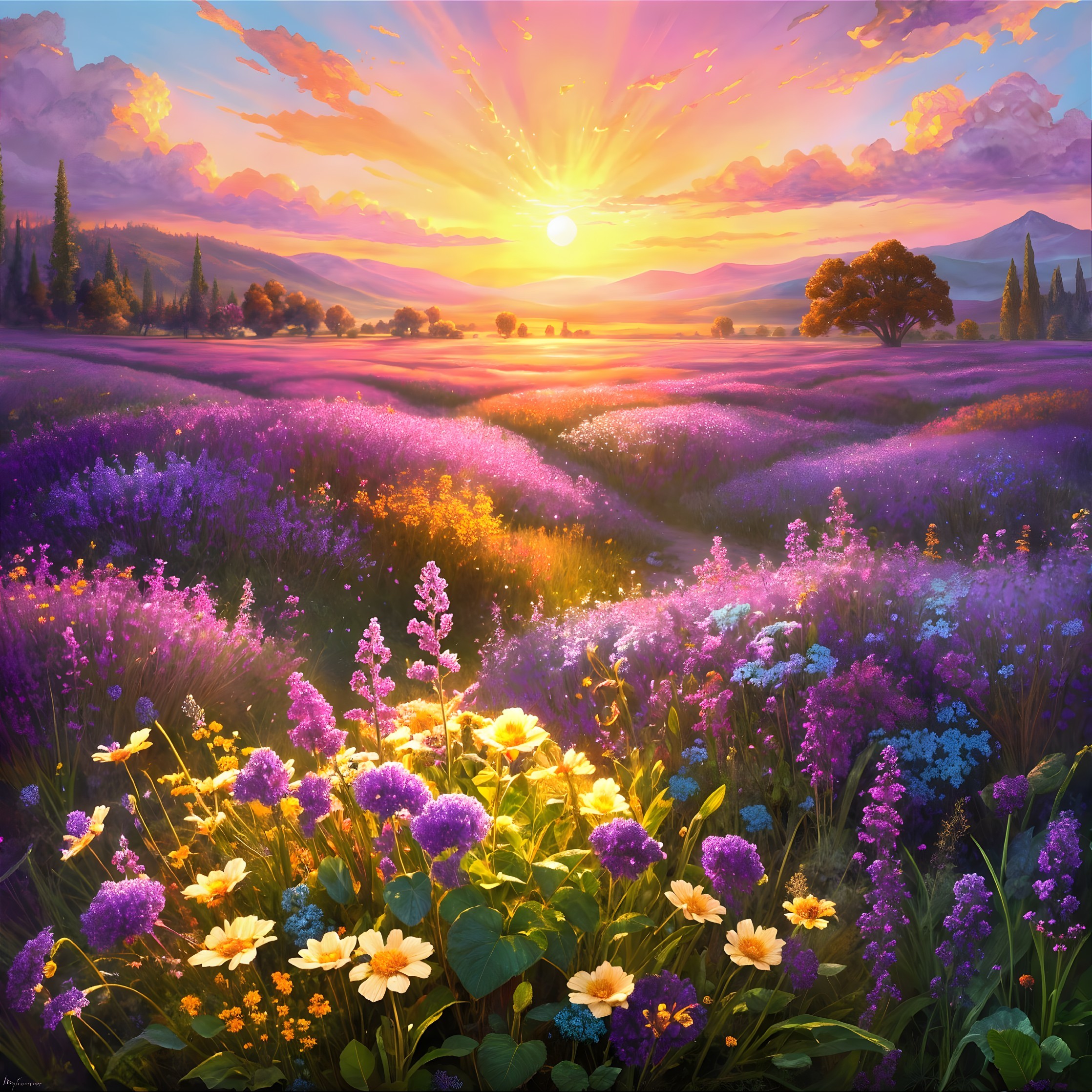 Vibrant sunset over a field of blooming flowers