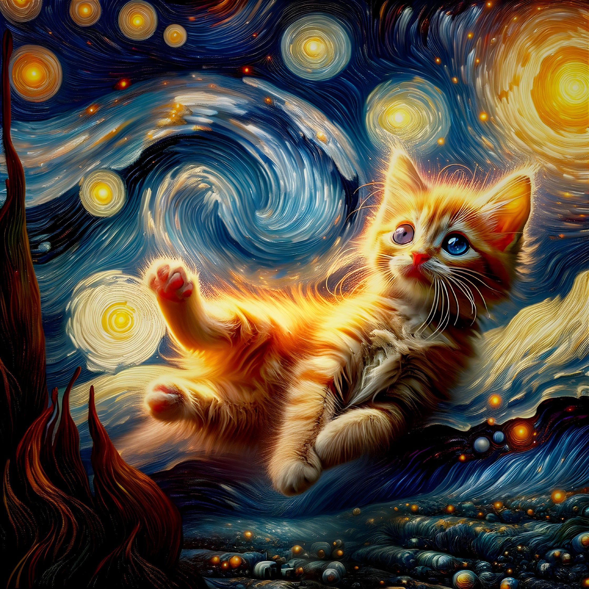 Playful Orange Kitten in Starry Night Sky Scene