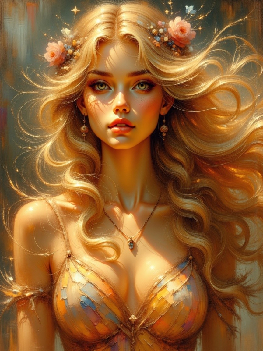 Young woman with blonde hair and floral accents