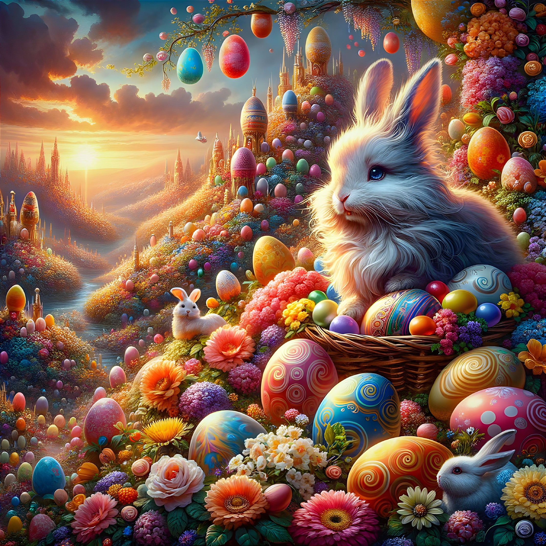 Fluffy Rabbit with Easter Eggs in Enchanting Landscape