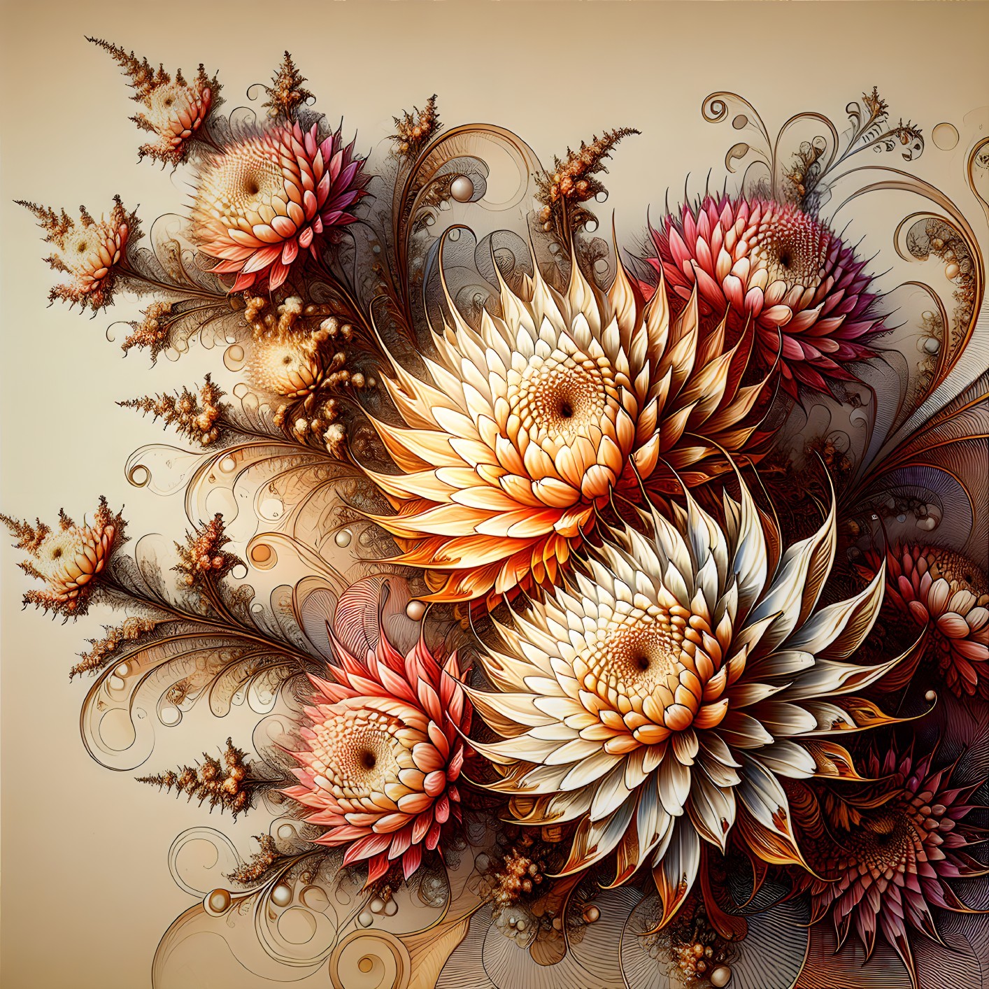 Intricate Floral Arrangement in Peach, Gold, and White
