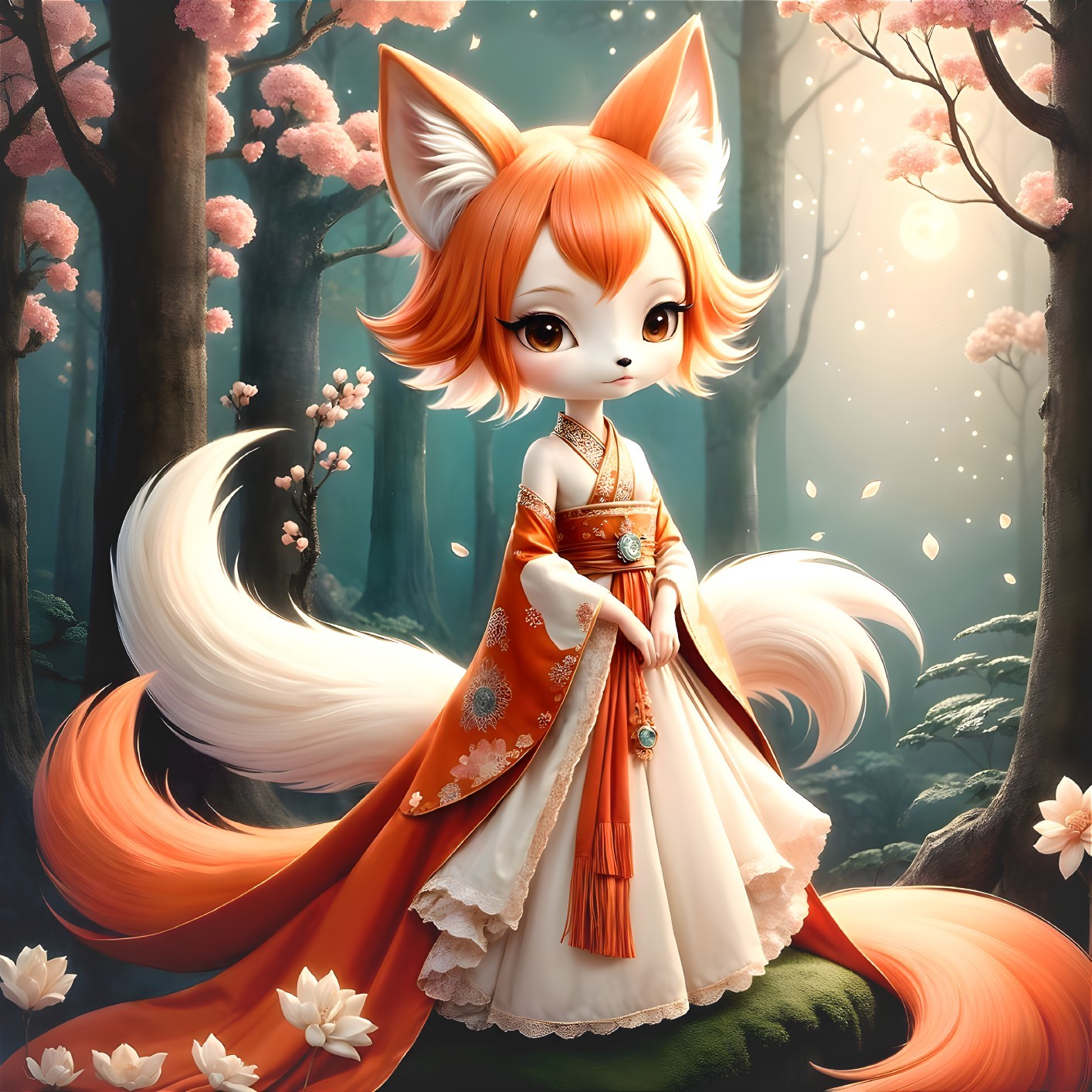 Fox-like character in a kimono amid cherry blossoms
