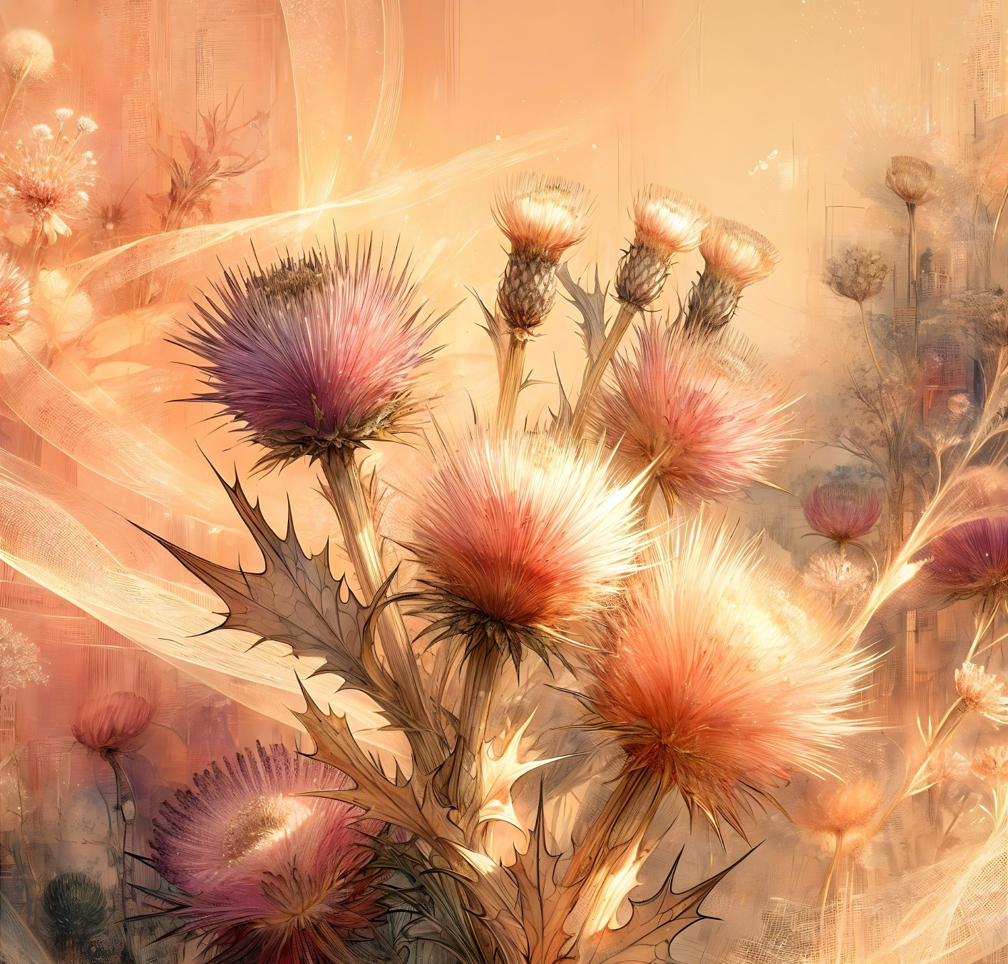 Blooming thistle flowers in soft pink and orange hues