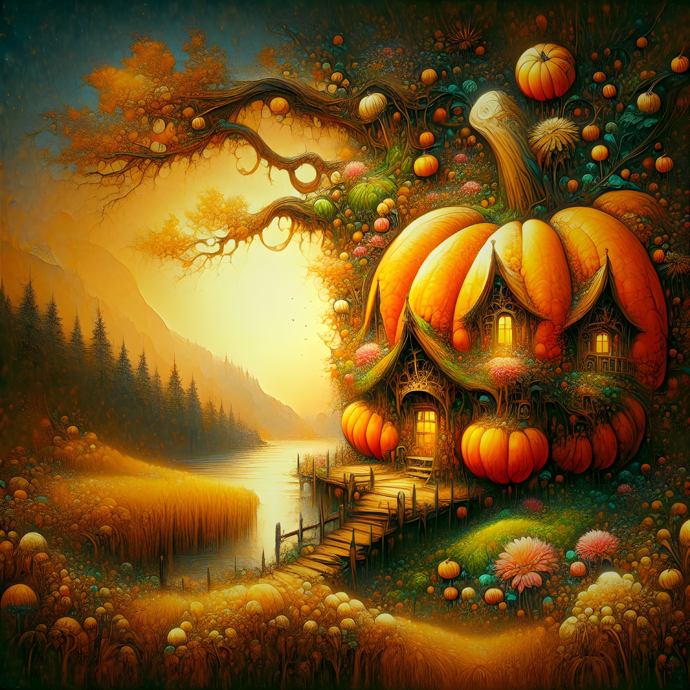 Whimsical Pumpkin House by a Tranquil Lake