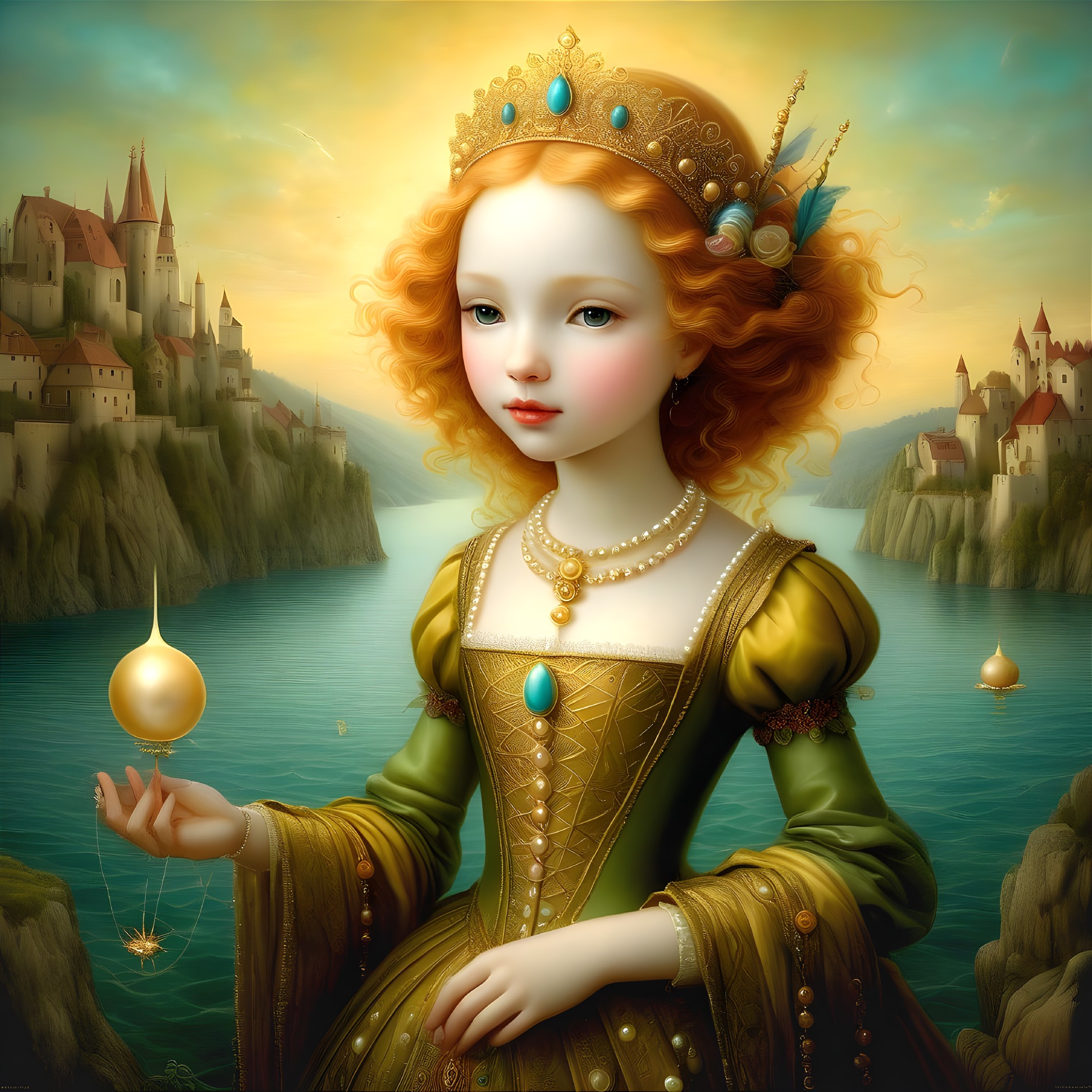 Young girl in golden gown by a shimmering lake