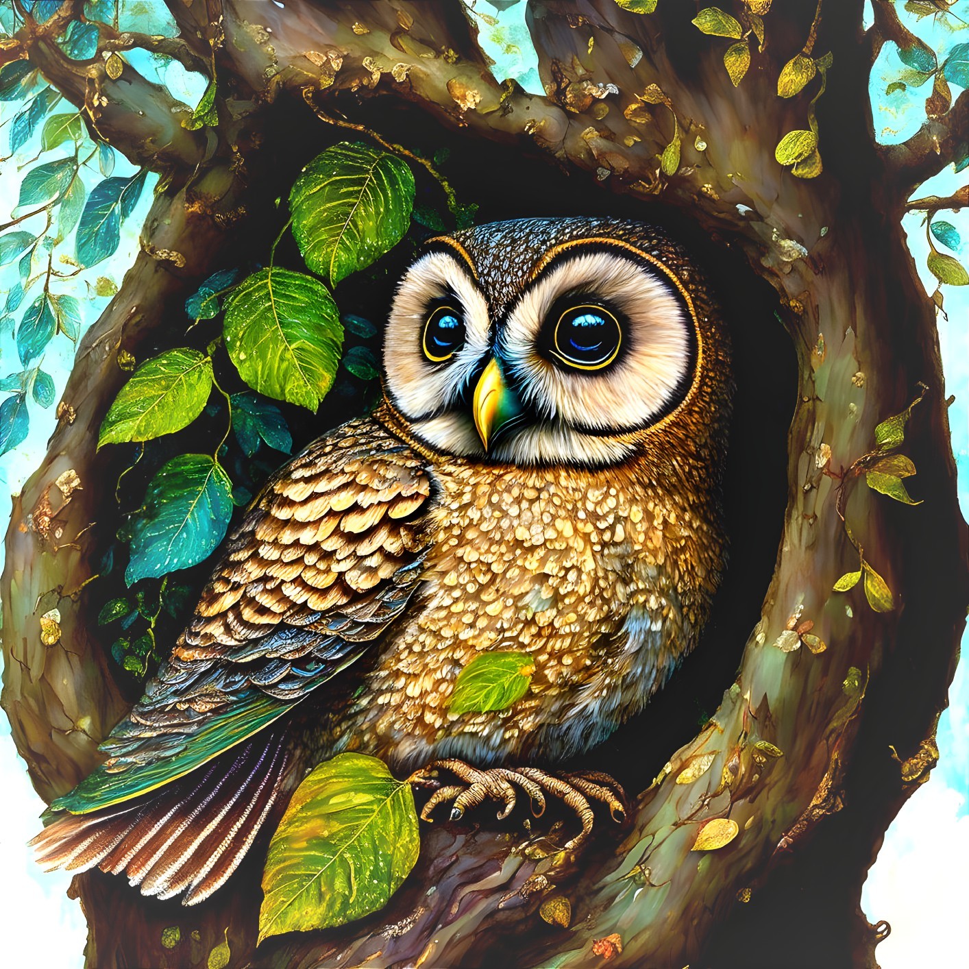 Owl Nestled in Tree Surrounded by Green Leaves