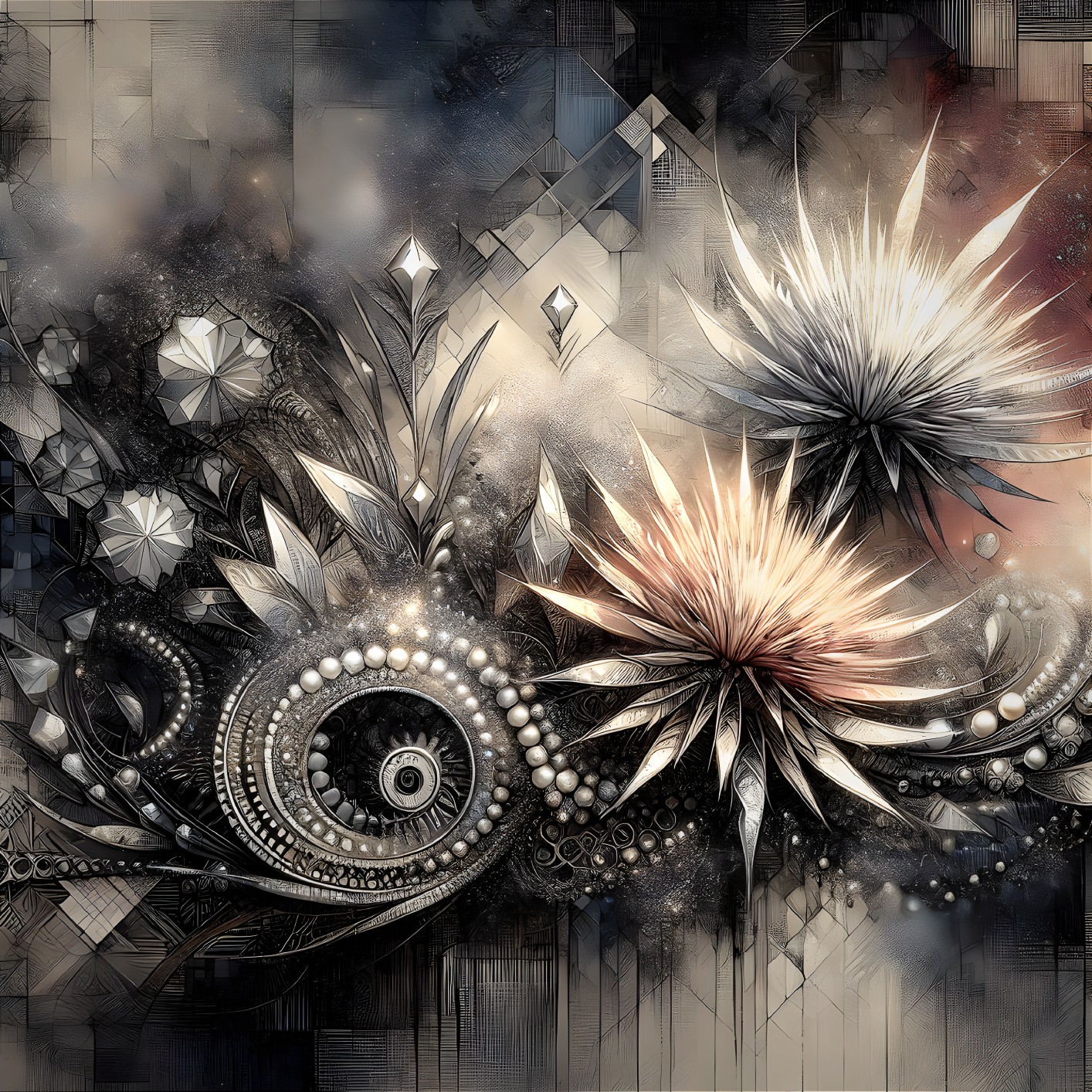 Abstract Floral and Geometric Composition with Textures