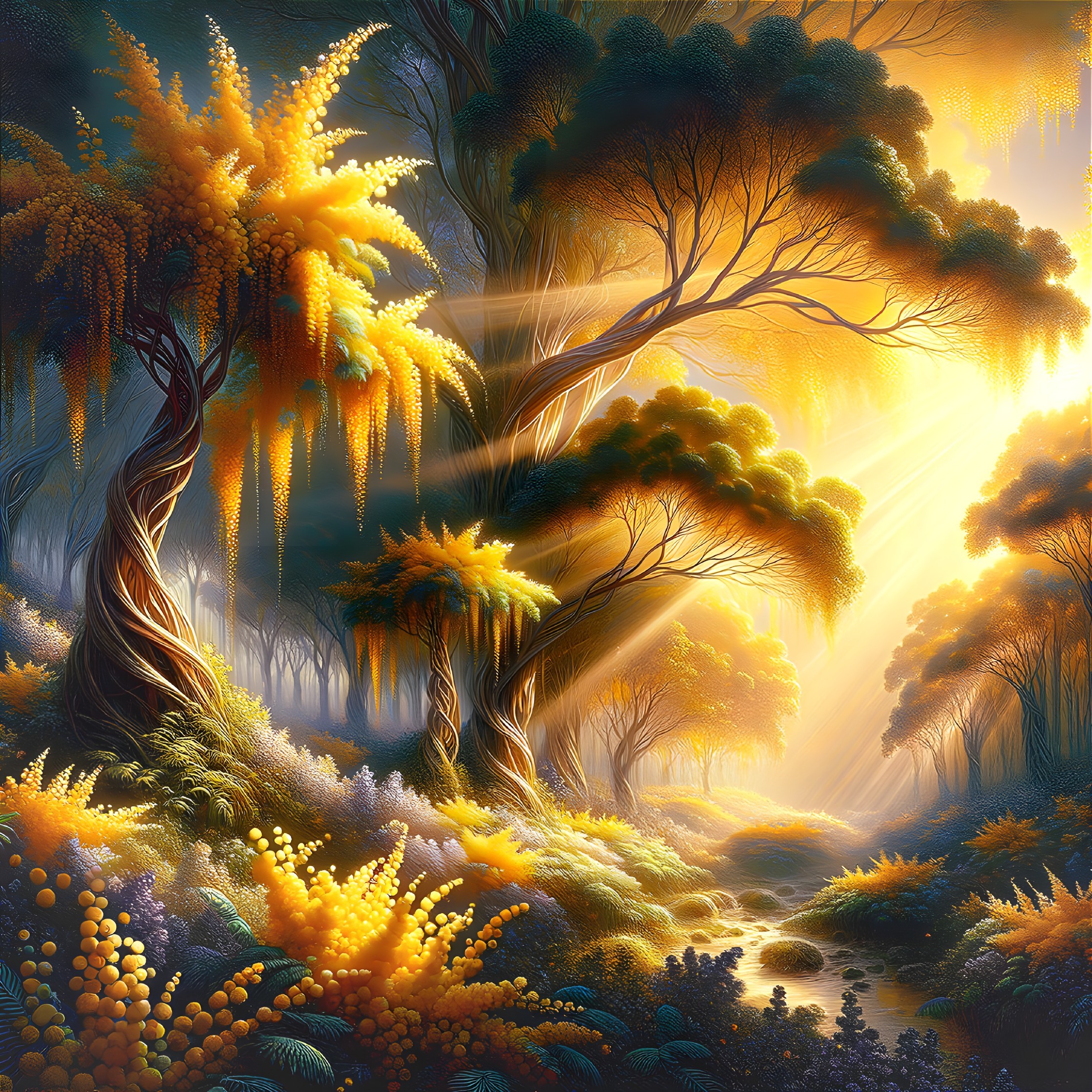 Vibrant Fantasy Forest with Twisted Trees and Sunlight