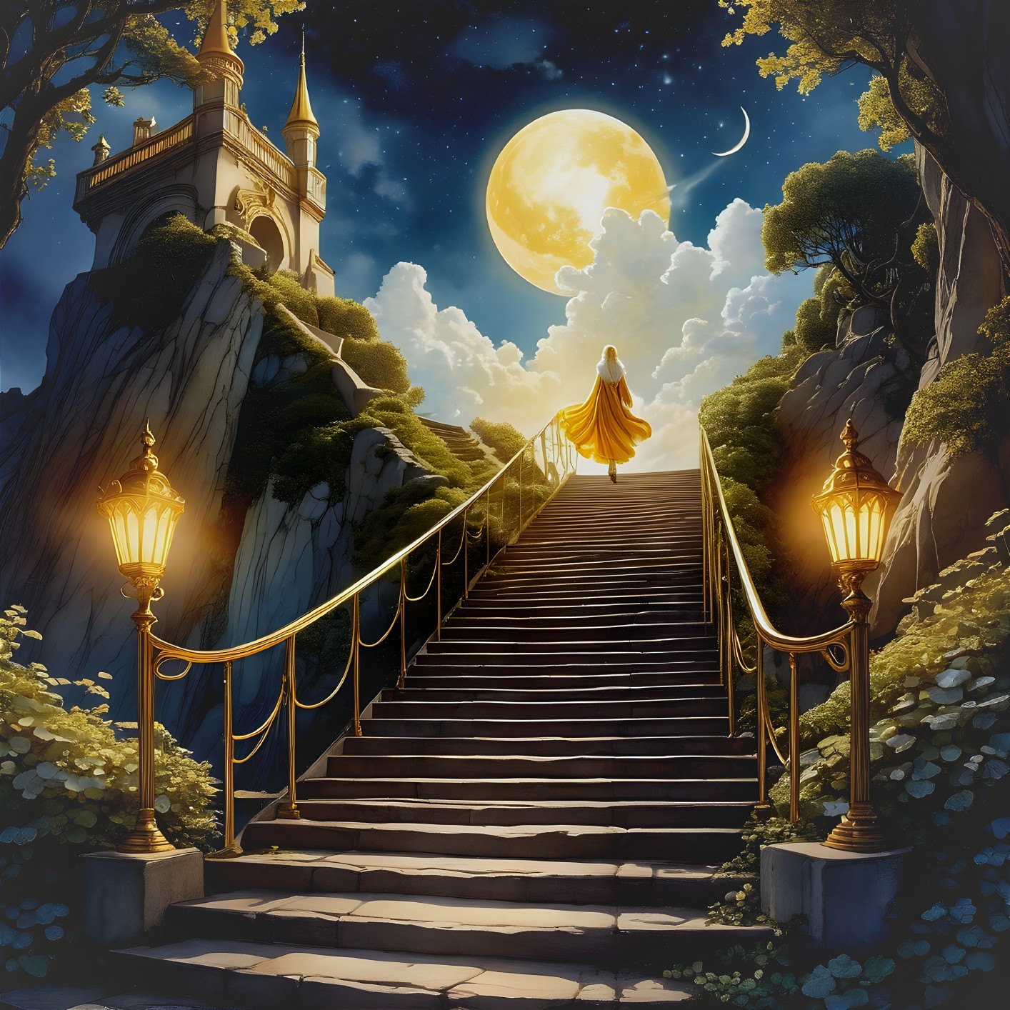 Winding Staircase to Castle Under Moonlit Sky