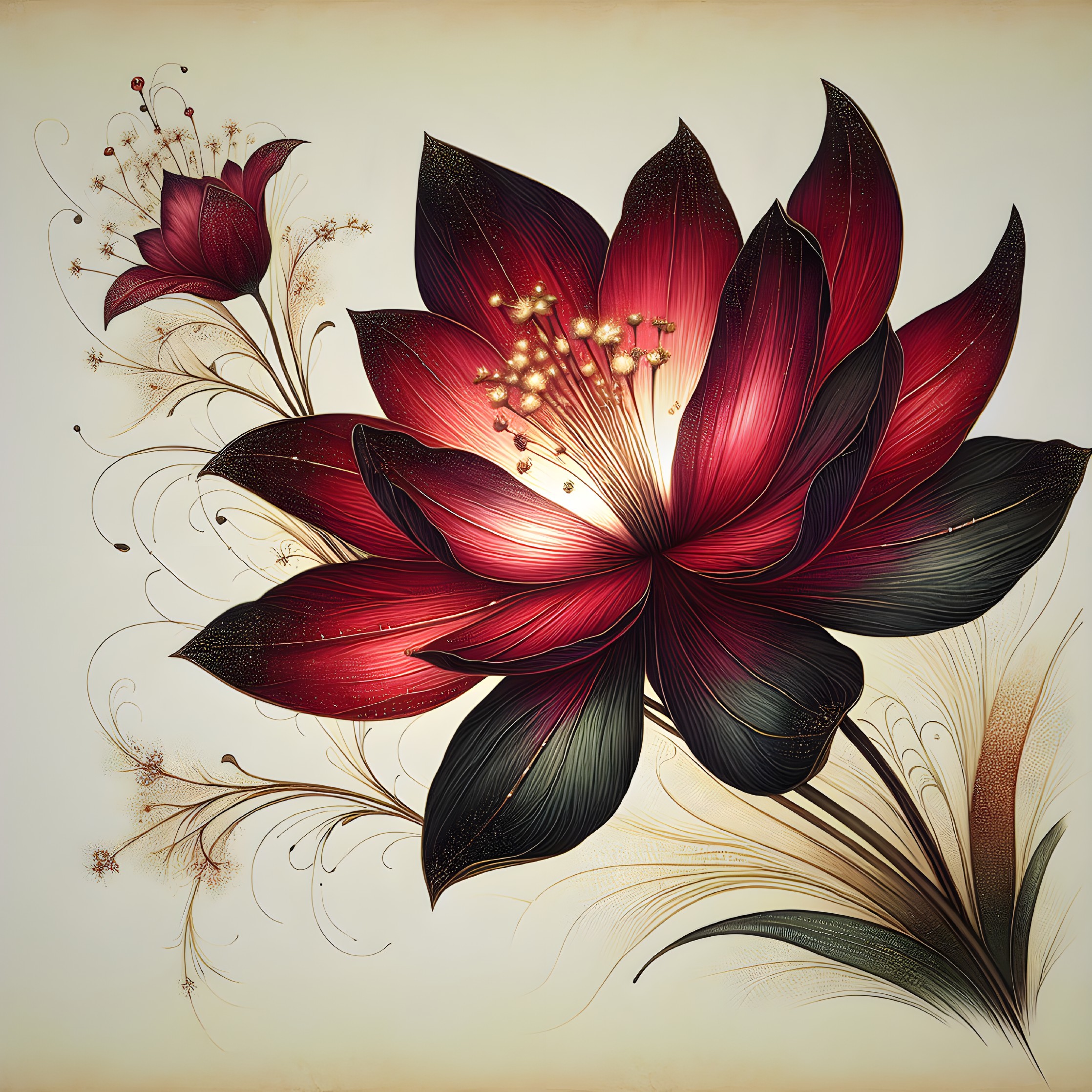 Intricate Floral Design with Red Flower and Gold Accents