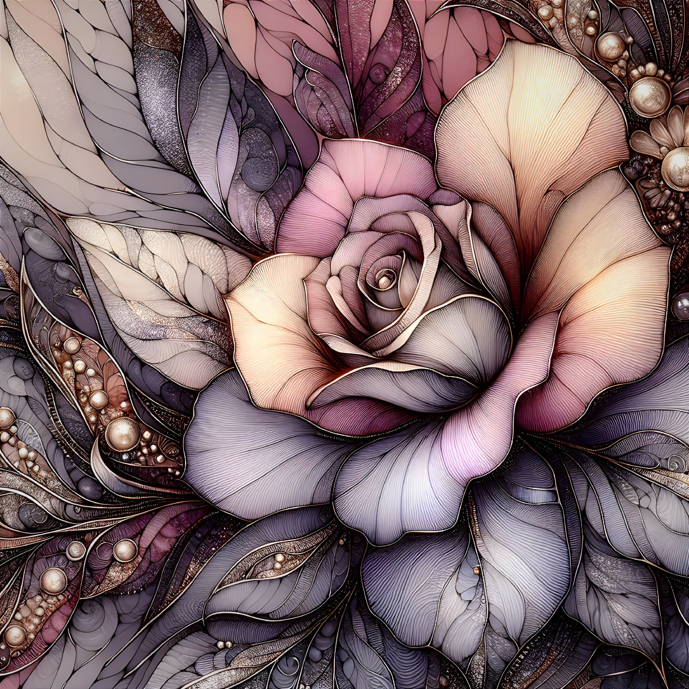 Intricate Rose Artwork with Pastel and Metallic Tones