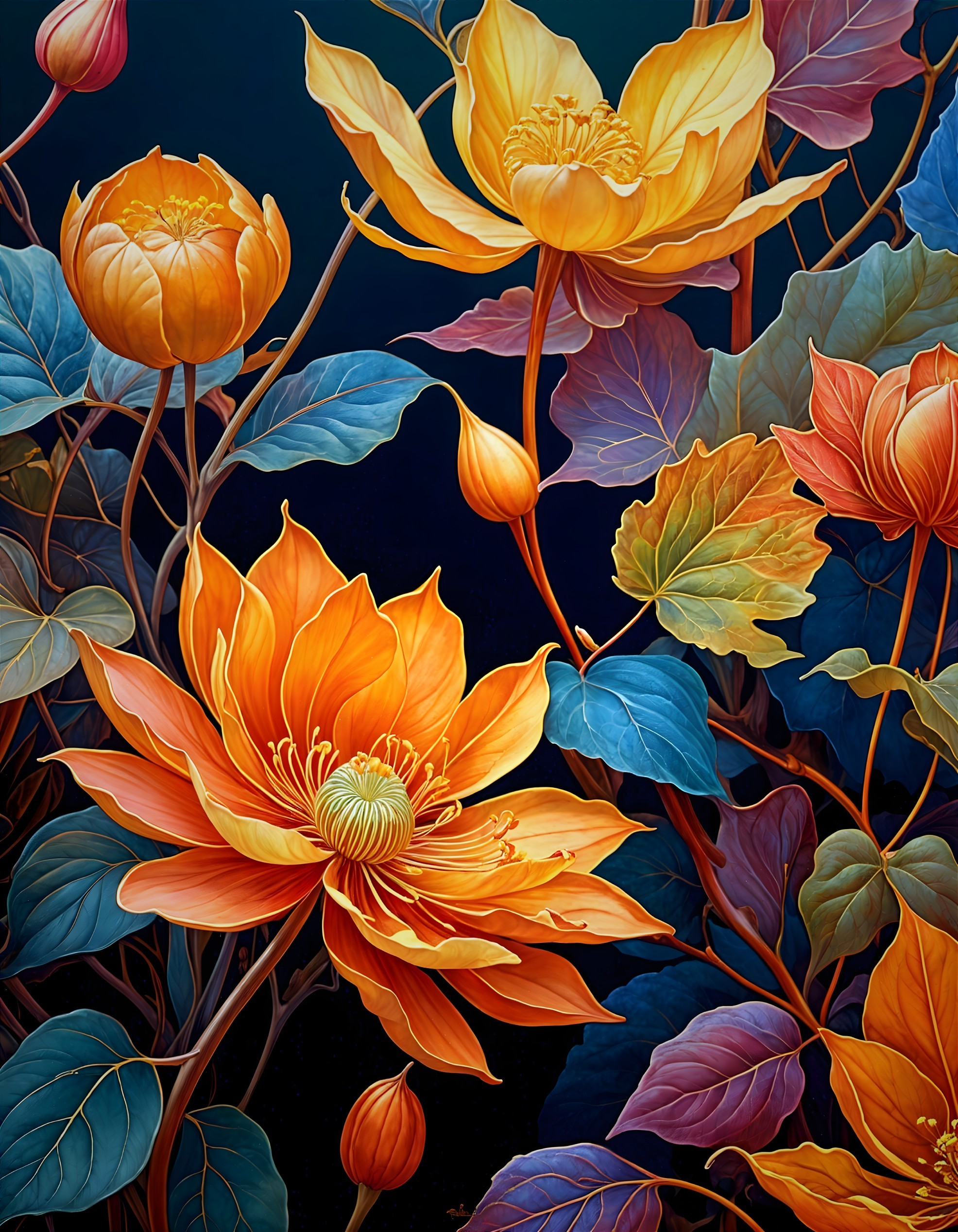 Vibrant Flowers in Orange and Yellow with Blue Background