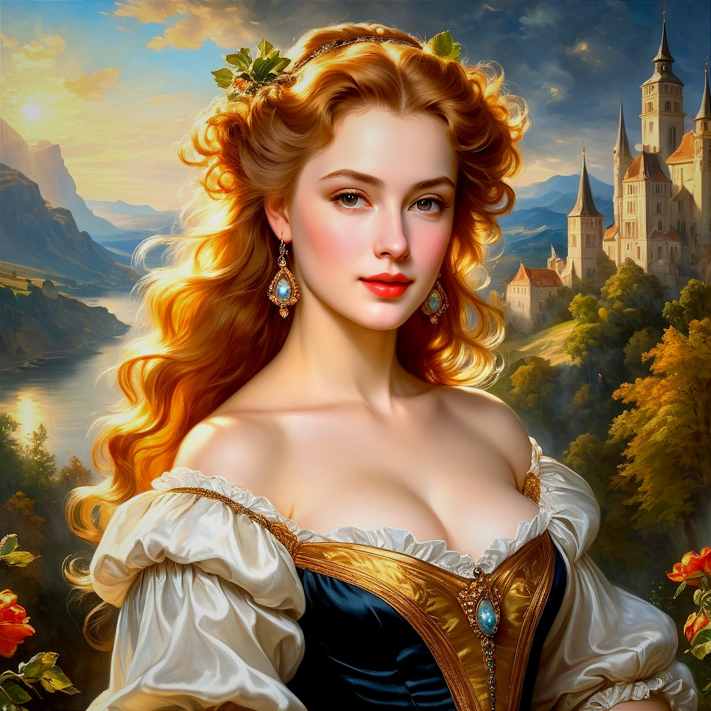 Young Woman in Elegant Gown Amidst Scenic Landscape