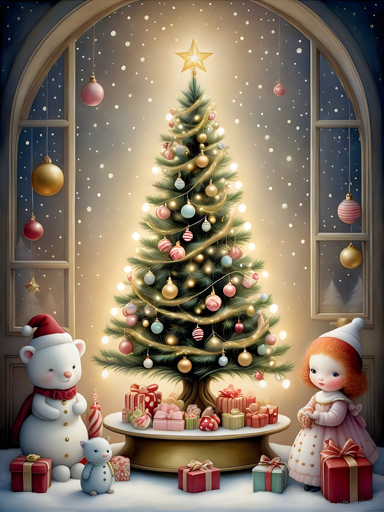 Whimsical Holiday Scene with Christmas Tree and Snowman