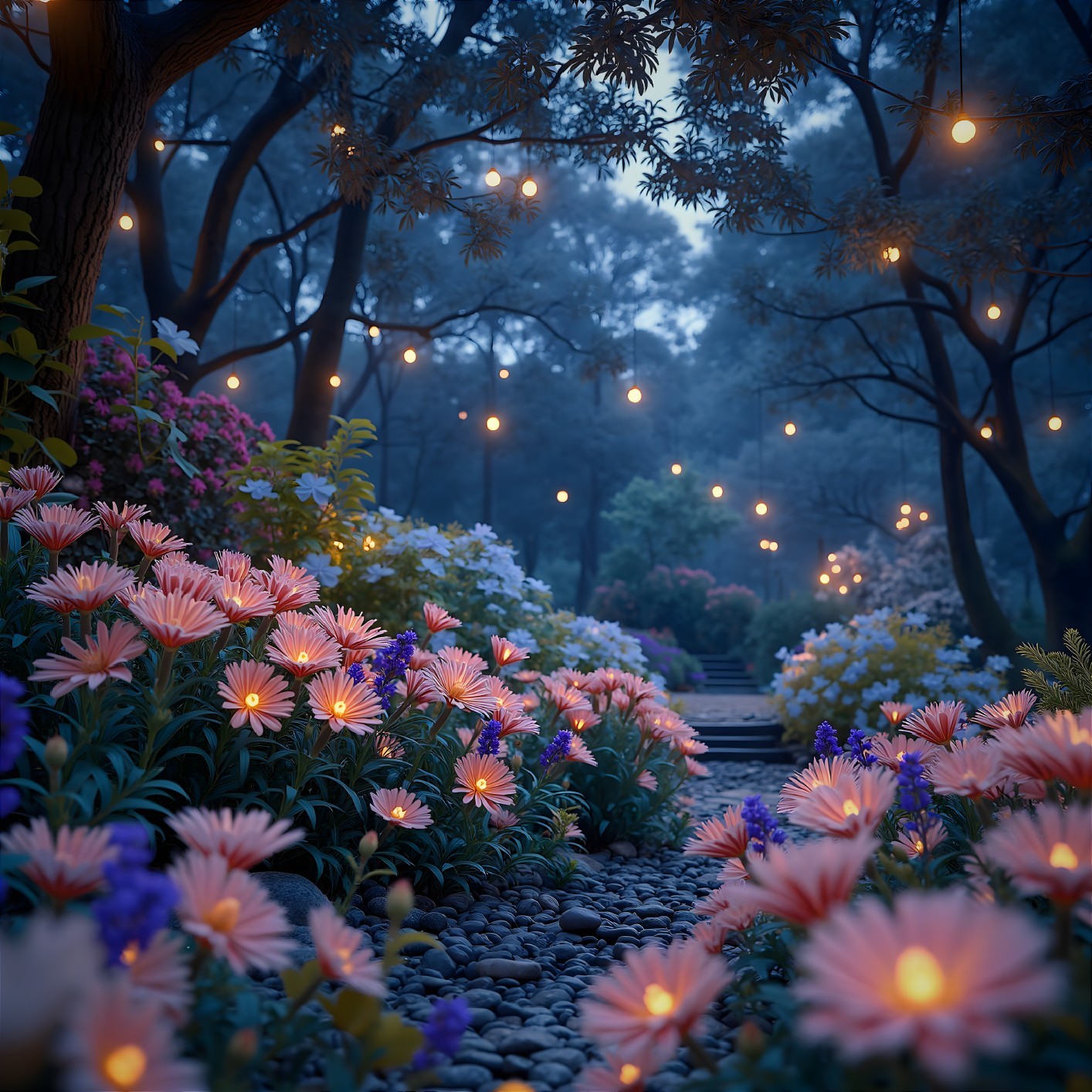 Serene Garden Path with Glowing String Lights