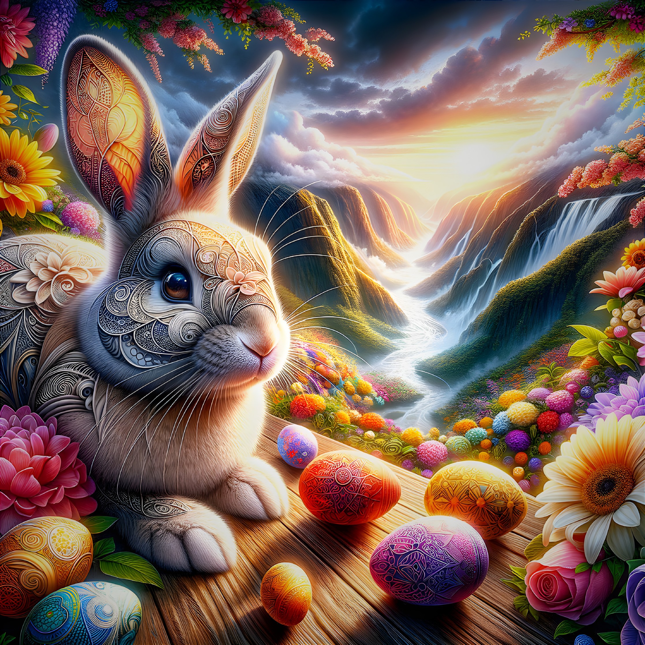 Detailed Rabbit in Colorful Easter Landscape Scene