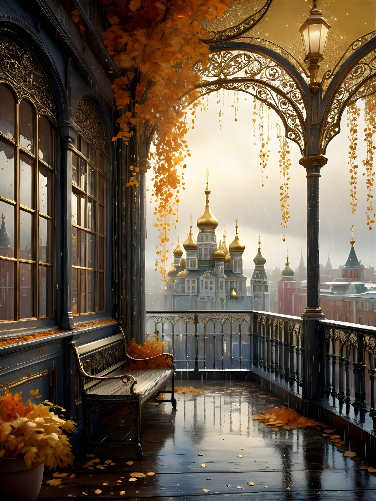 Detailed Balcony View of Scenic Cityscape in Autumn