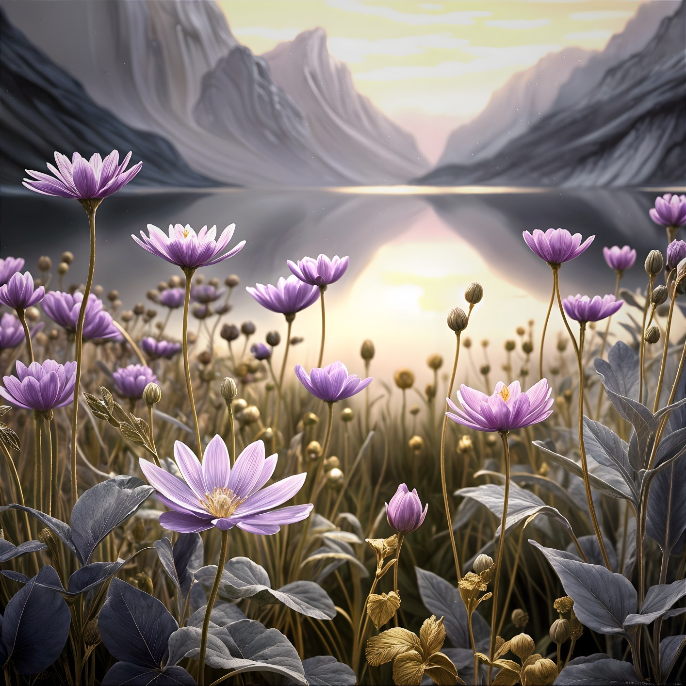 Lakeside Scene with Purple Flowers and Mountains
