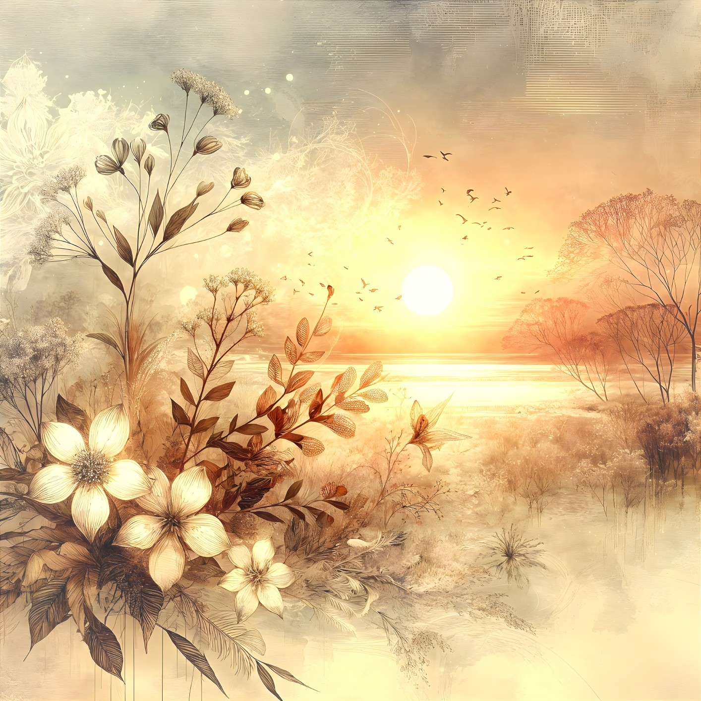 Serene Sunrise Landscape with Floral Elements and Birds