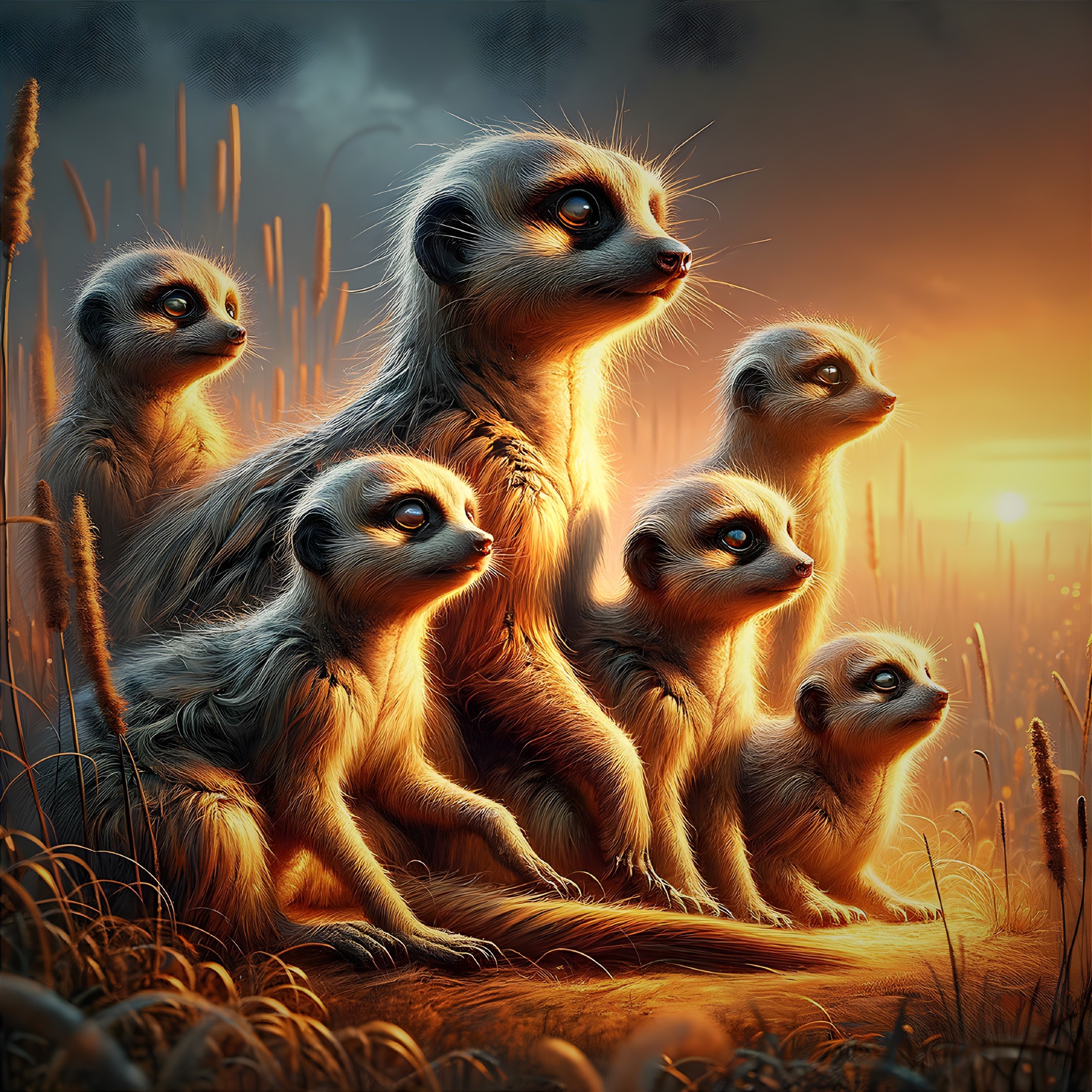 Meerkats on a Hill at Sunset with Golden Light