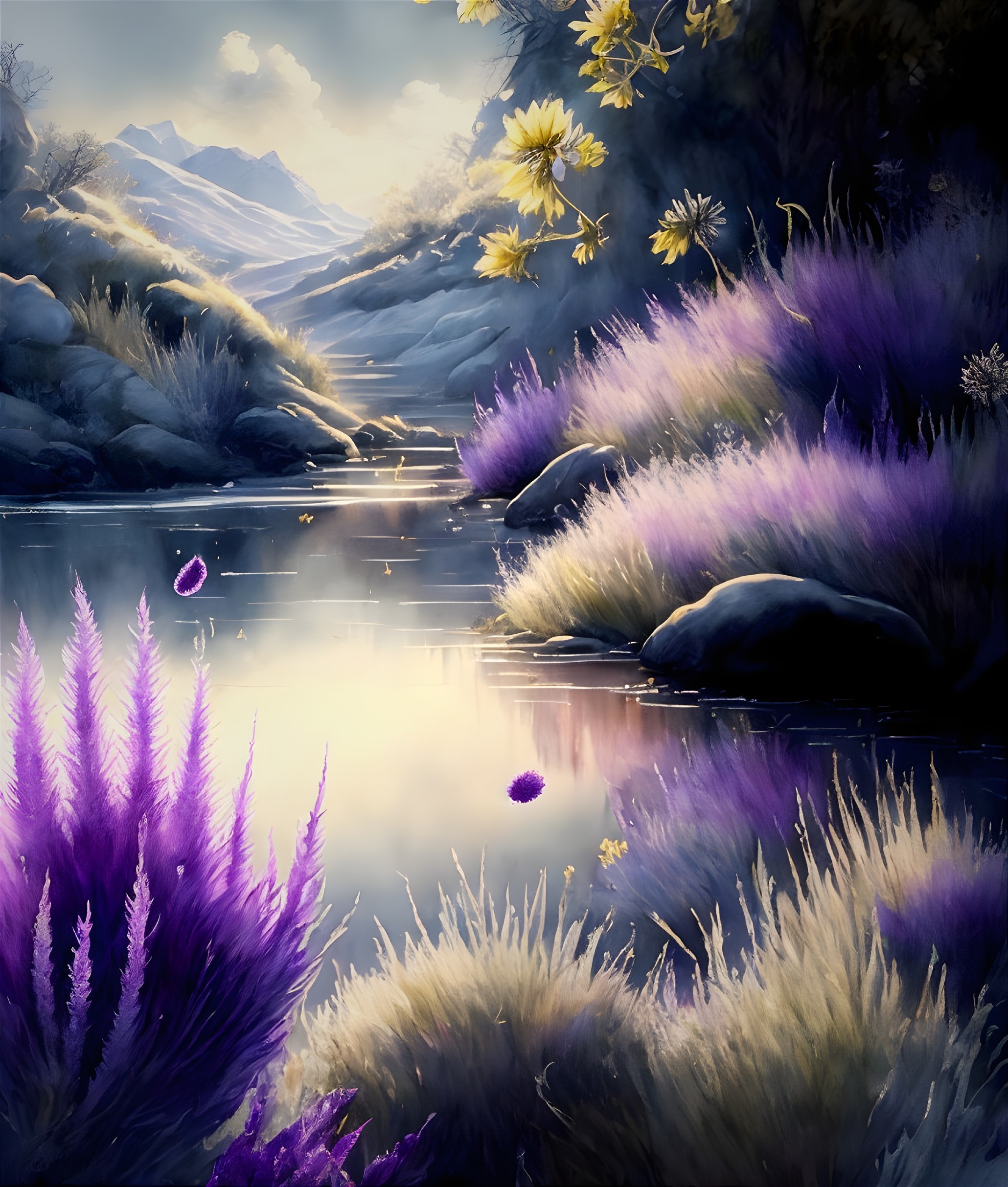 Tranquil River Landscape with Vibrant Colors and Mountains