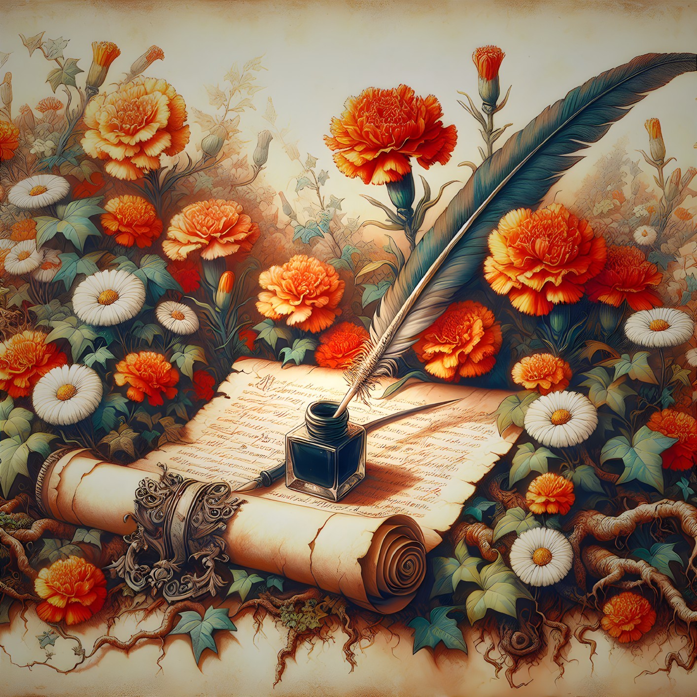 Ornate Ink Bottle and Quill with Vibrant Flowers