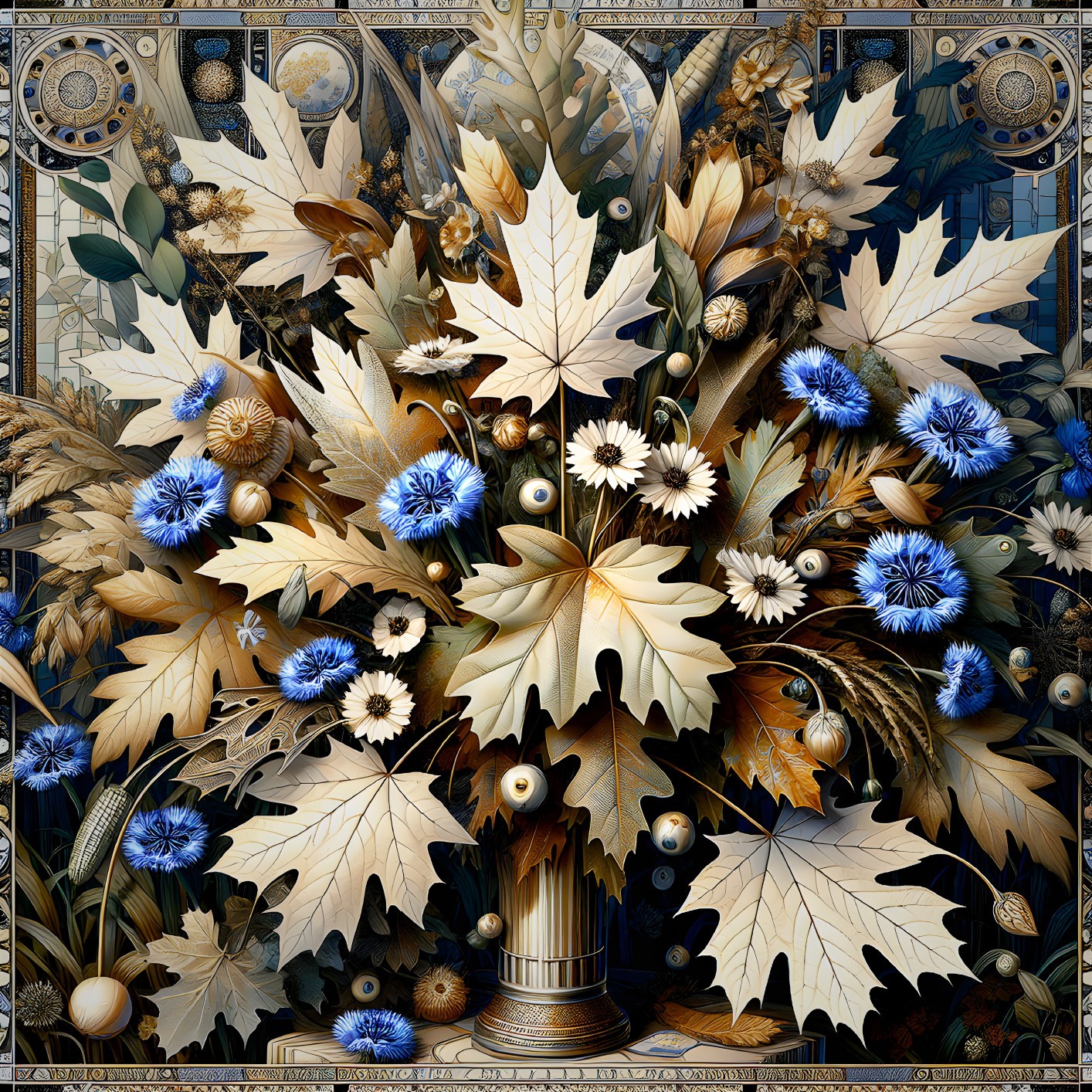 Floral Arrangement with Diverse Leaves and Flowers