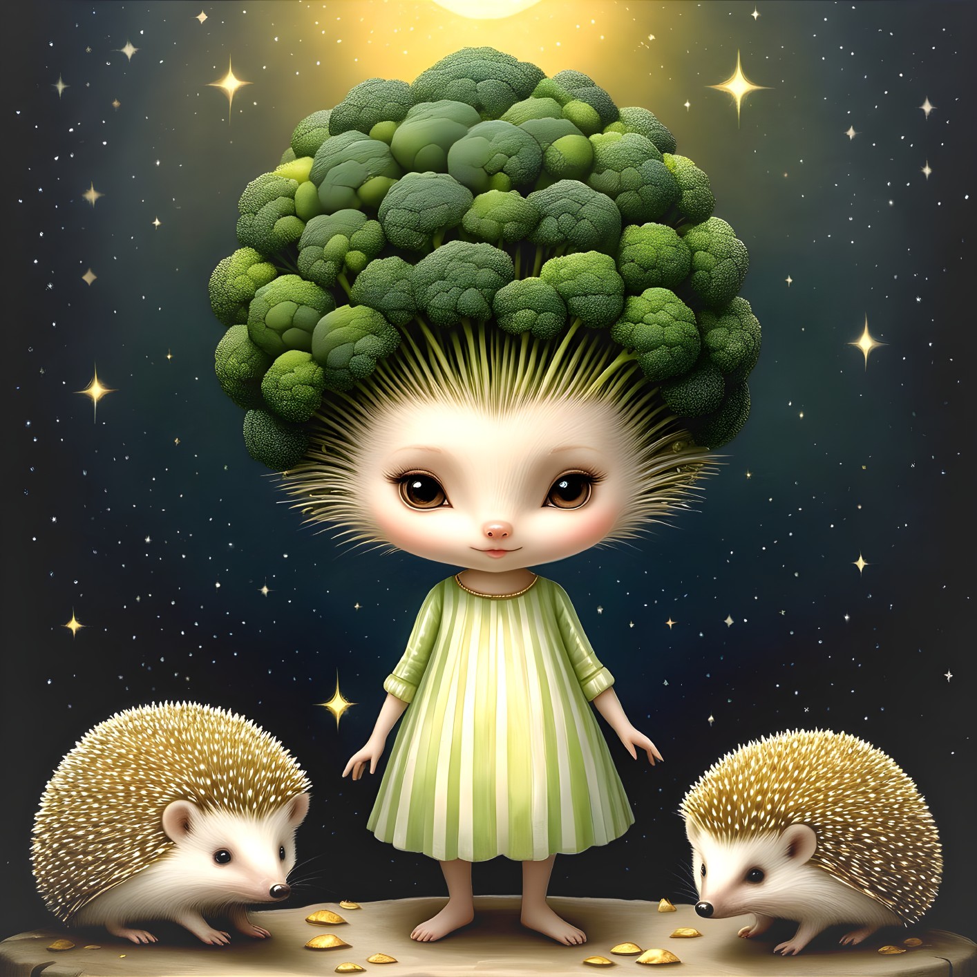 Whimsical Character with Broccoli Hair in Starry Scene