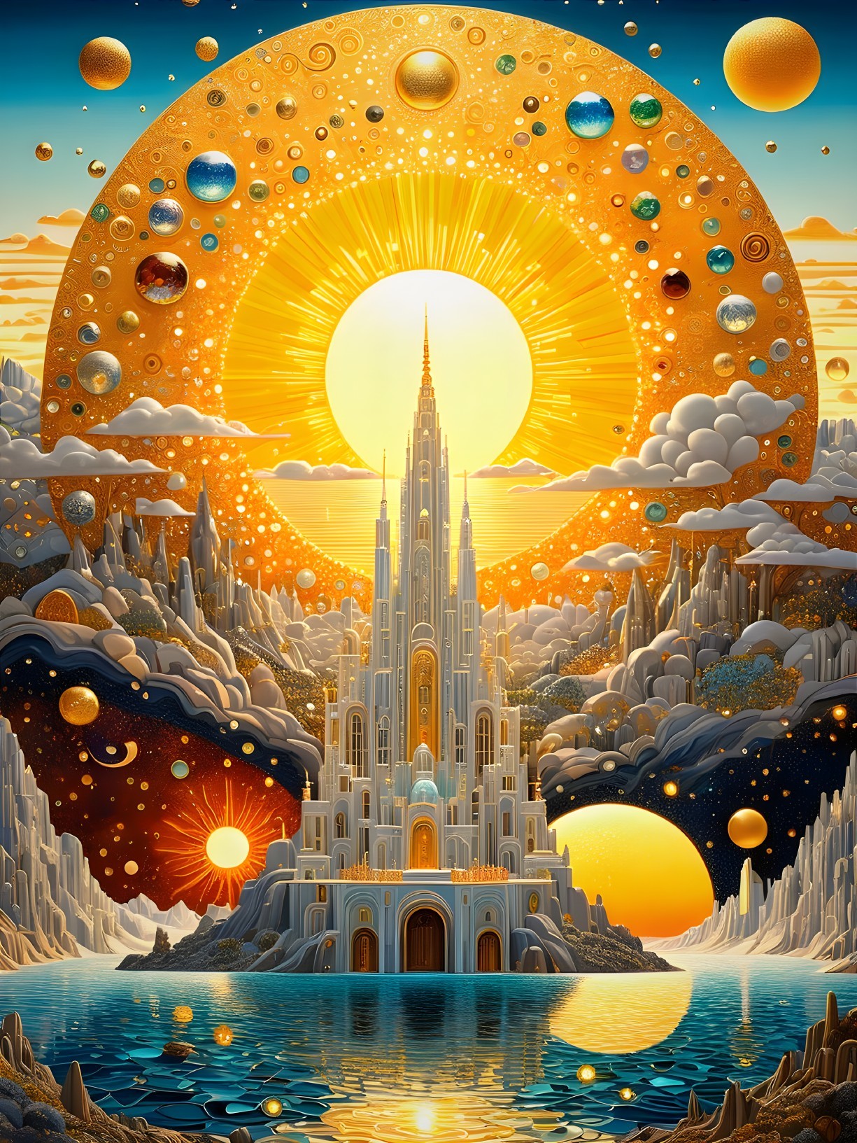 Majestic Castle Surrounded by Colorful Celestial Bodies