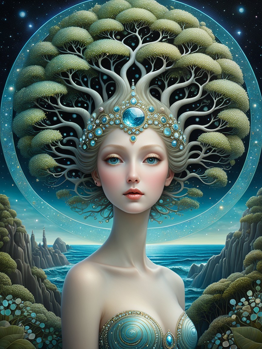 Mystical Figure with Nature-Inspired Hair and Gown