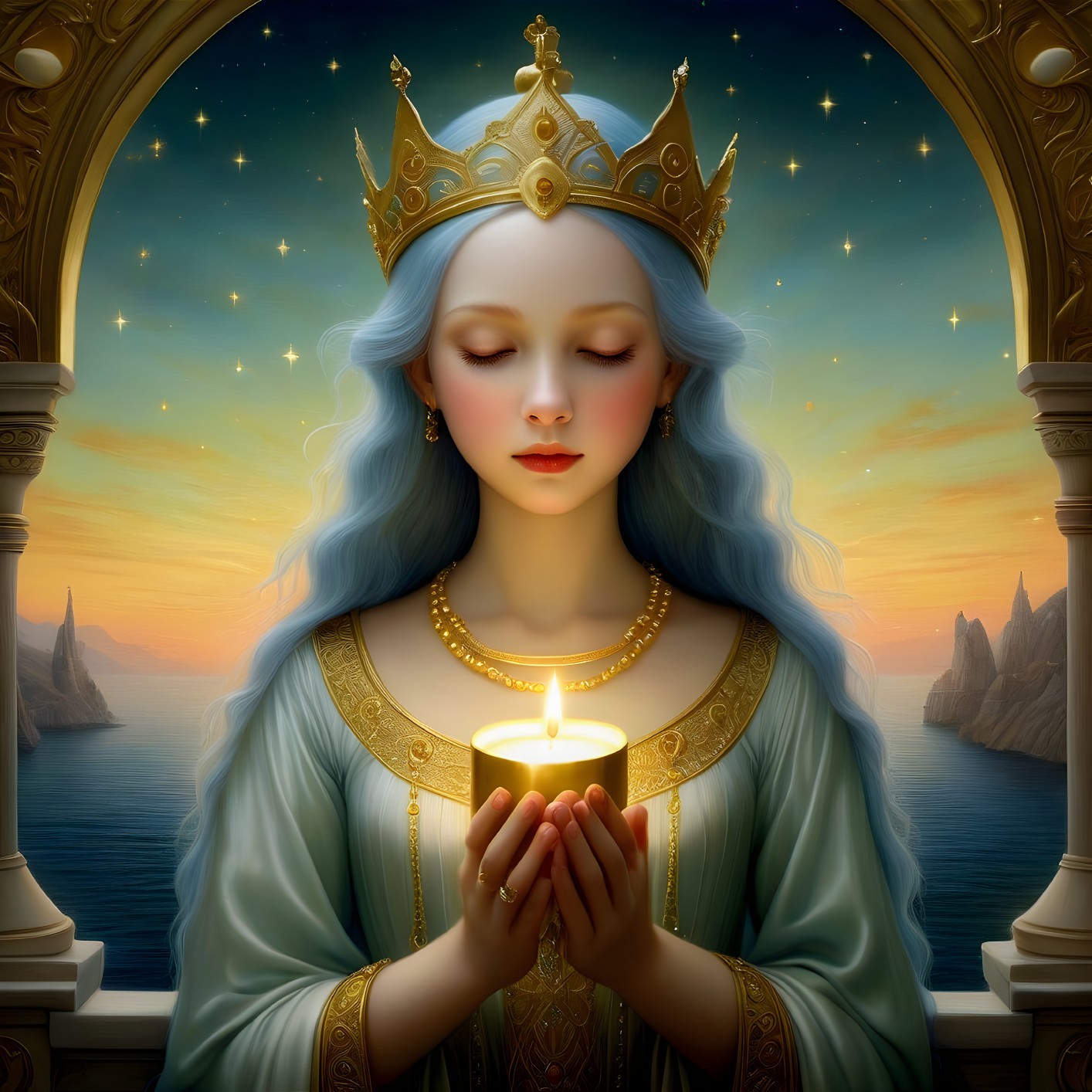 Serene Queen with Blue Hair in Sunset Seascape