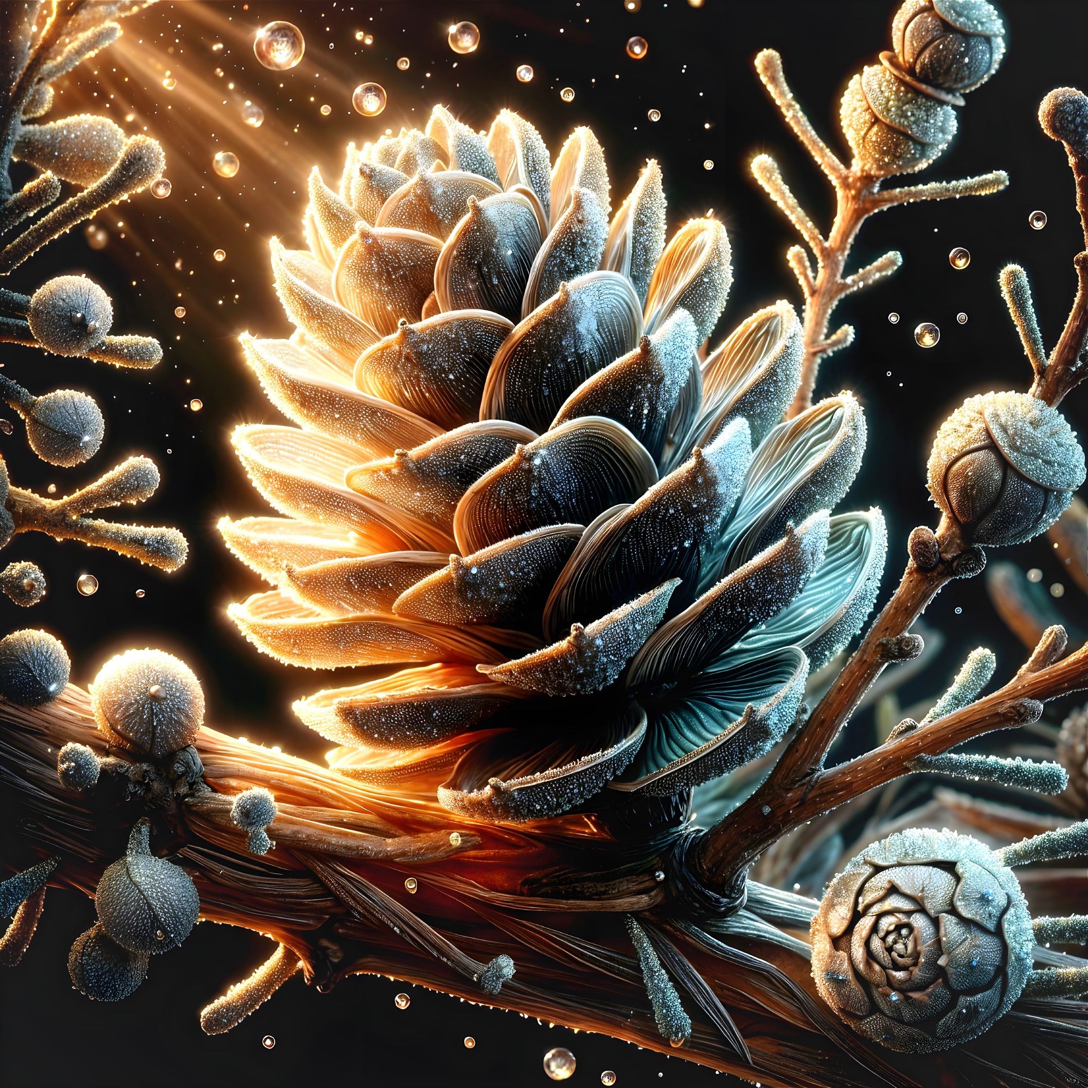 Detailed Pine Cone on Branch with Water Droplets