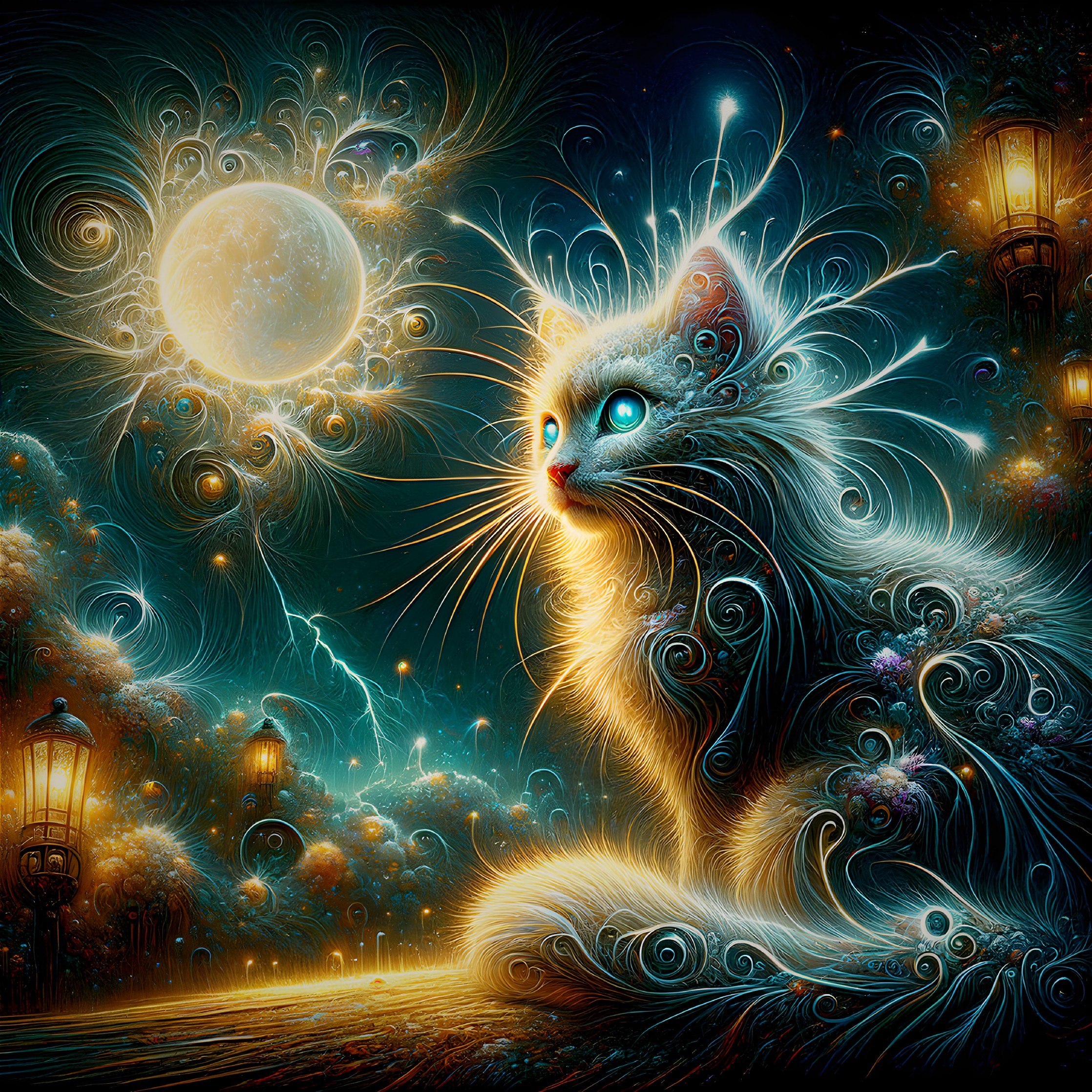 Mystical Cat with Luminous Eyes in Enchanting Scene