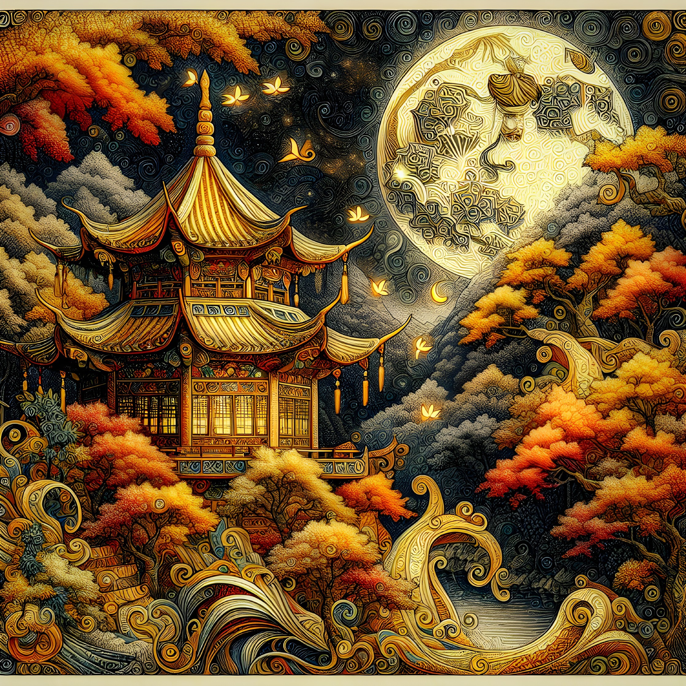 Traditional Pagoda Surrounded by Autumn Trees and Moon