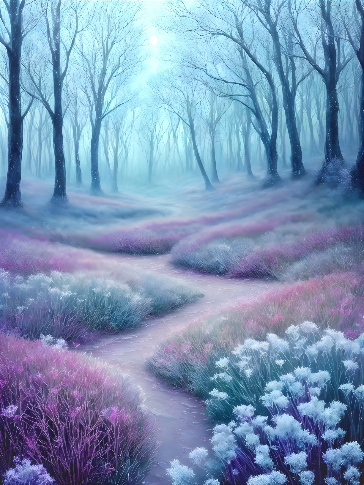 Serene Forest Scene with Blue and Purple Hues