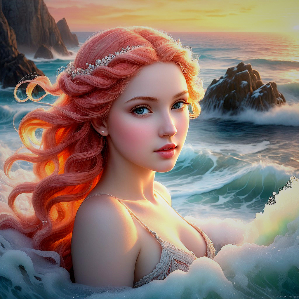 Ethereal Woman with Pink Hair by Ocean at Sunset